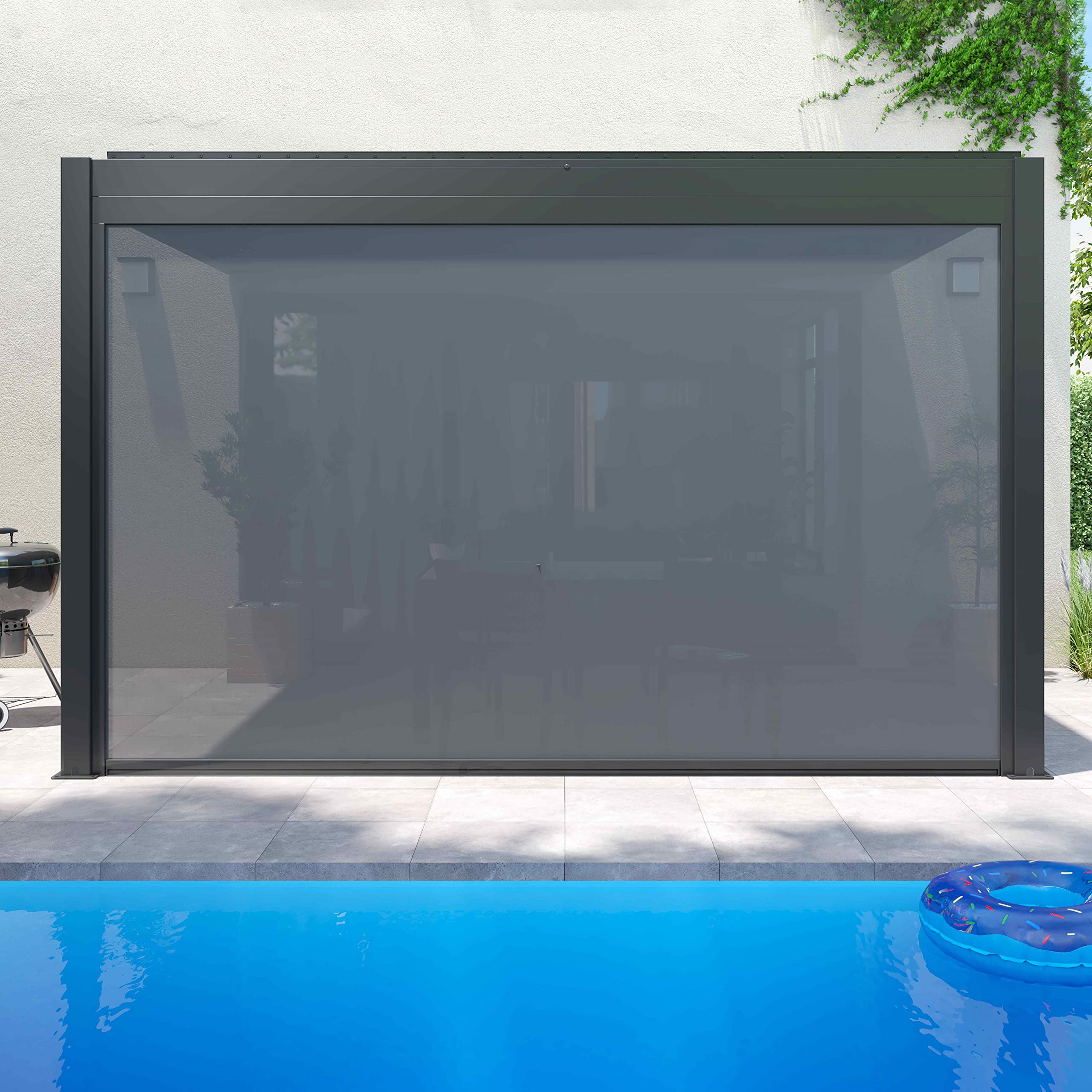Oviala Pergola bioclimatique adossée Grise 3x4m et 2 Stores