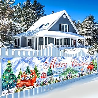 Christmas Red Truck Decorations Outdoor Yard Fence Banner Sign, Merry Christmas Red Car Xmas Tree Yard Fence Banner Watercolor Vintage Backdrop Winter Rustic Indoor Outside Year Party Decor 9.8x1.6ft