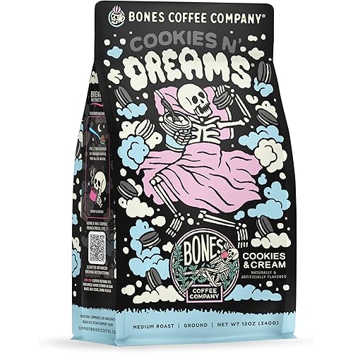 Bones Coffee Company Cookies 'N Dreams Cookies and Cream Flavored Coffee, Medium Roast Low Acid Arabica Beans Compatible with Auto drip and French Press Coffee Maker, 12 Oz Ground