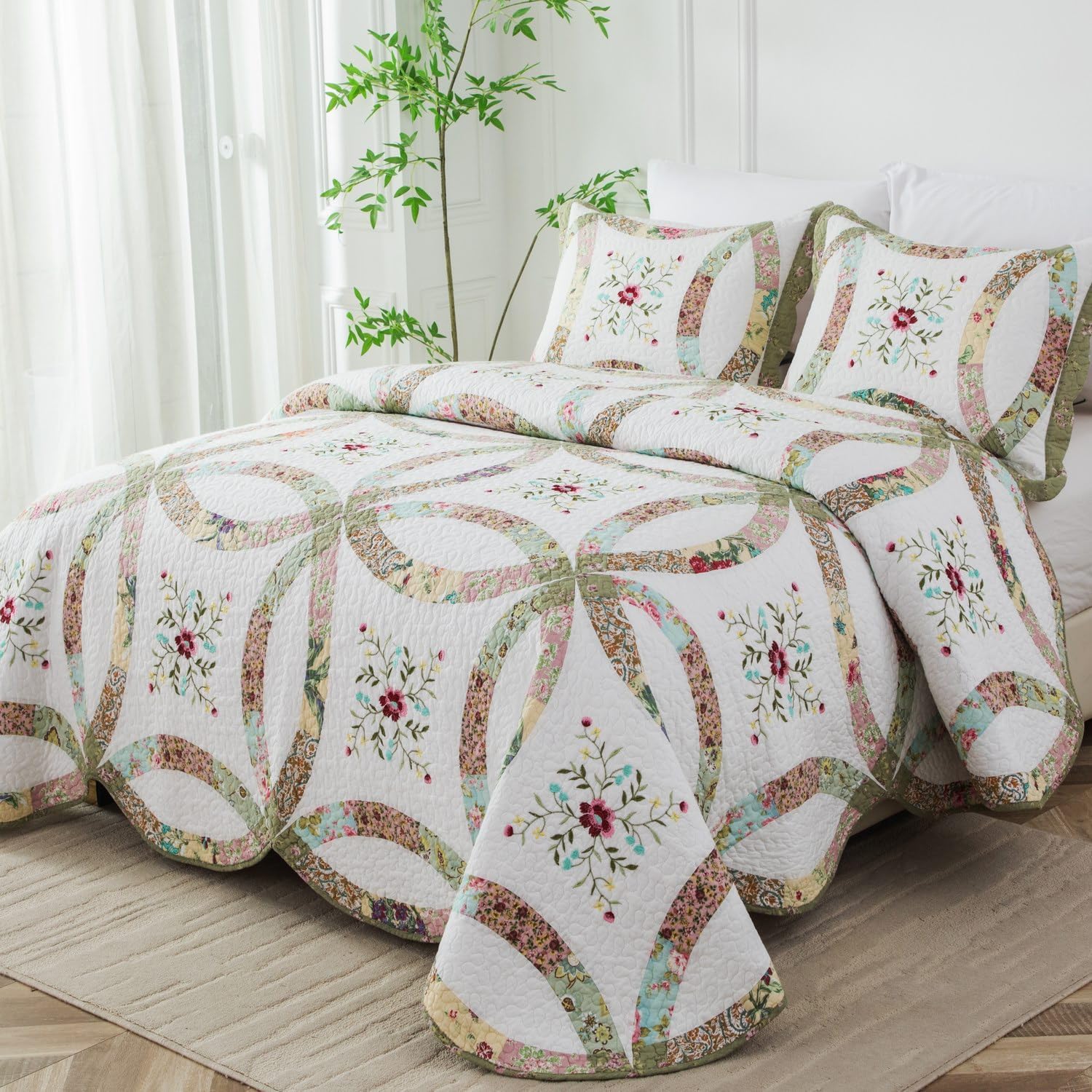 meadow park Cotton Real Patchwork Embroidery Quilt Set 3-Piece. 100% Washed Cotton. 461 Hand Cut Patches. Embroidery and Allover Quilting. Reversible Coverlet Set. (King) Bright Garden King