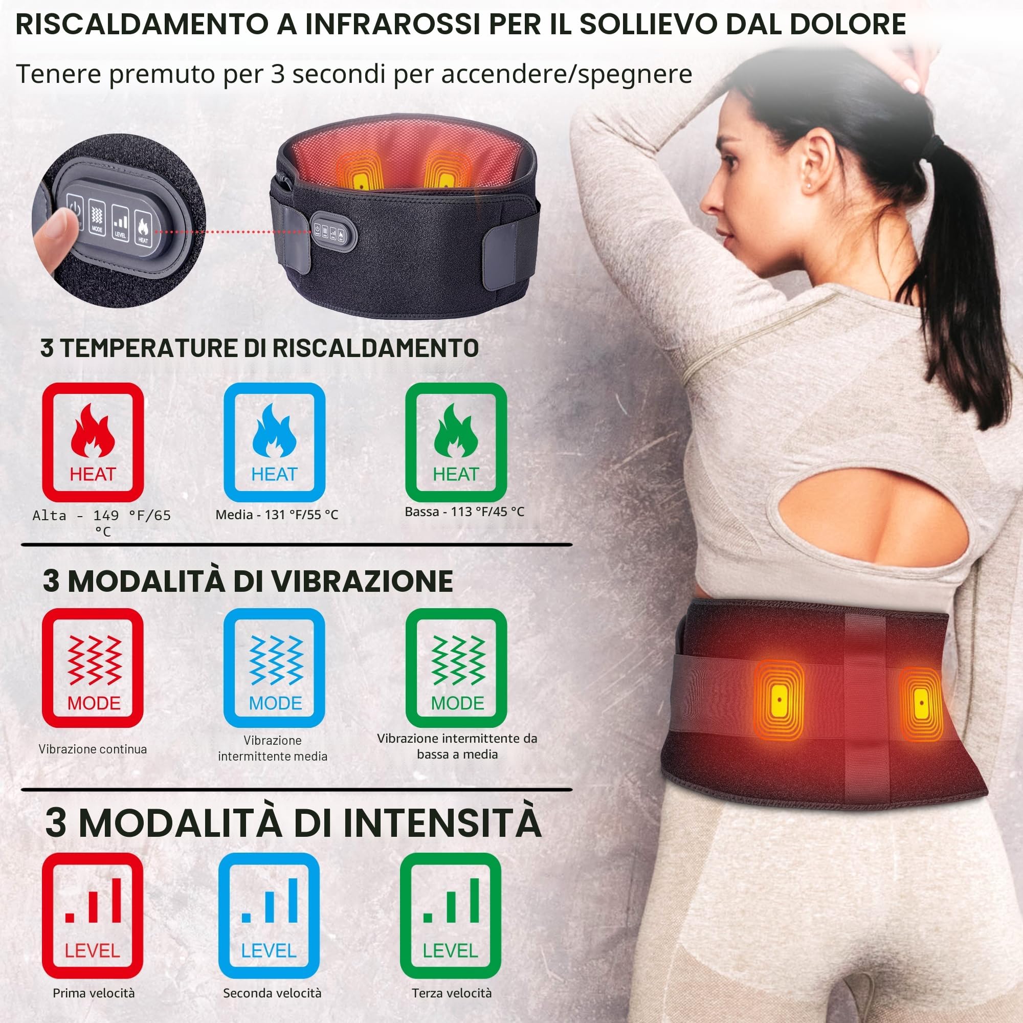 BESTEK Fascia Massaggio Lombare Riscaldante Cintura Riscaldante con 3 Livelli di Temperatura e Massaggio a Vibrazione–Termoforo Elettrico con Spegnimento Automatico per Schiena, Spalle e Addome