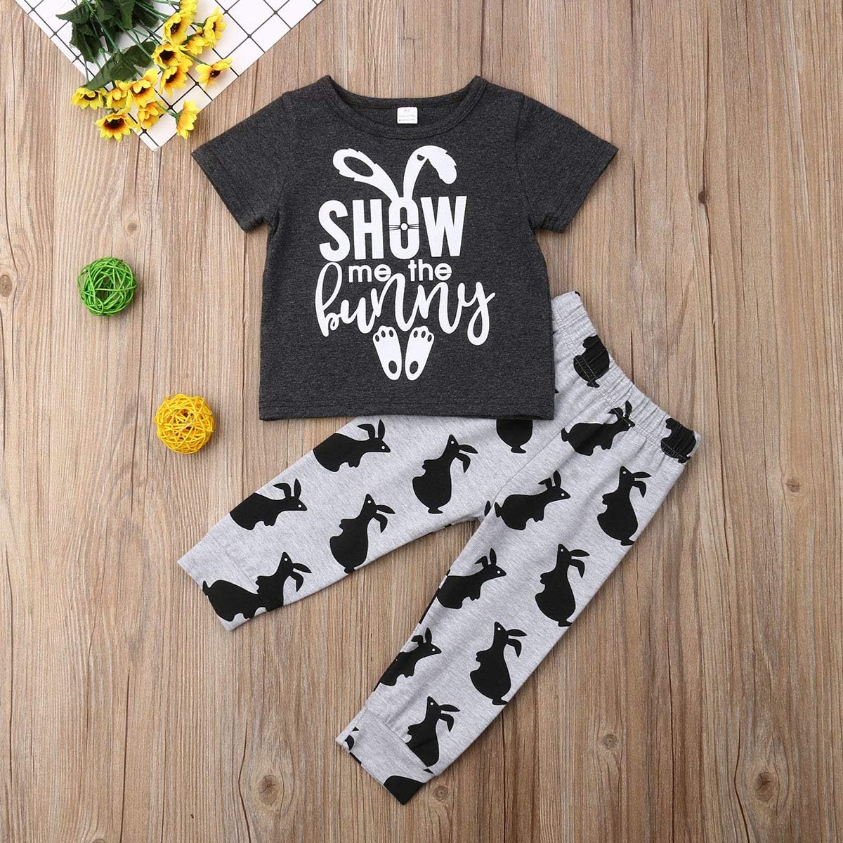 Kayotuas Toddler Infant Baby Boy Easter Outfit Bunny Letter Printed T-Shirt Tops and Jogger Pants Set Summer Clothes - Image 2