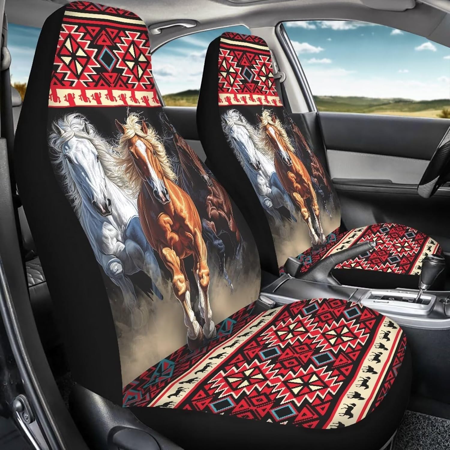2 Piece Horse Print Car Seat Cover for Women, Aztec Southwest Car Seat Cover Front Bucket Car Seat Protector Universal Fit High Back Car Saddle Blankets, Car Interior Accessories