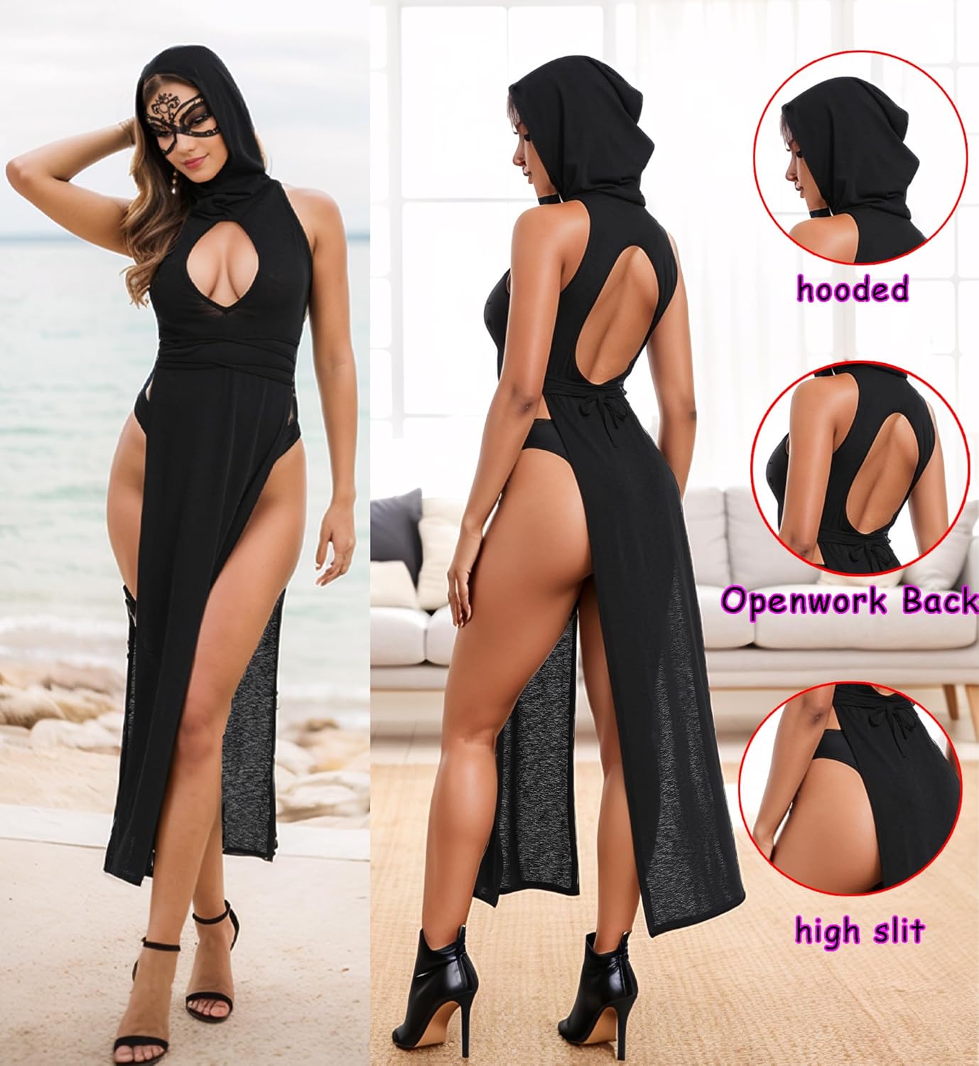 Sexy Goth Outfit for Women, Sheer Sleeveless Punk Streetwear Rave Festival Dress, Hollow Out Split Hooded Dresses - Image 4