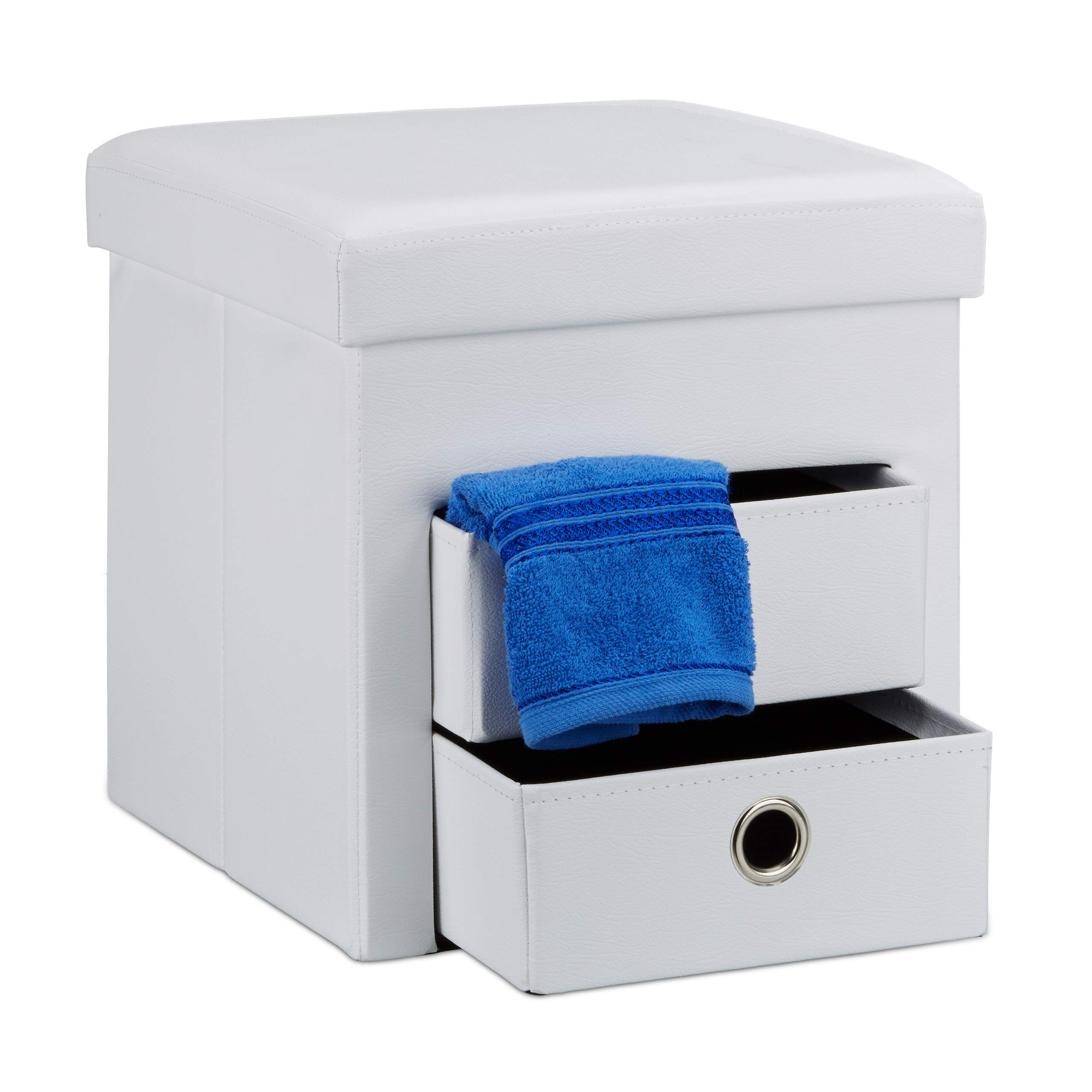 Relaxdays Pouf Contenitore Pieghevole, Scomparto Interno, 2 Cassetti Rimovibili, Cubo, finta pelle, Bianco, H X L X P: 38 x 38 x 38 cm