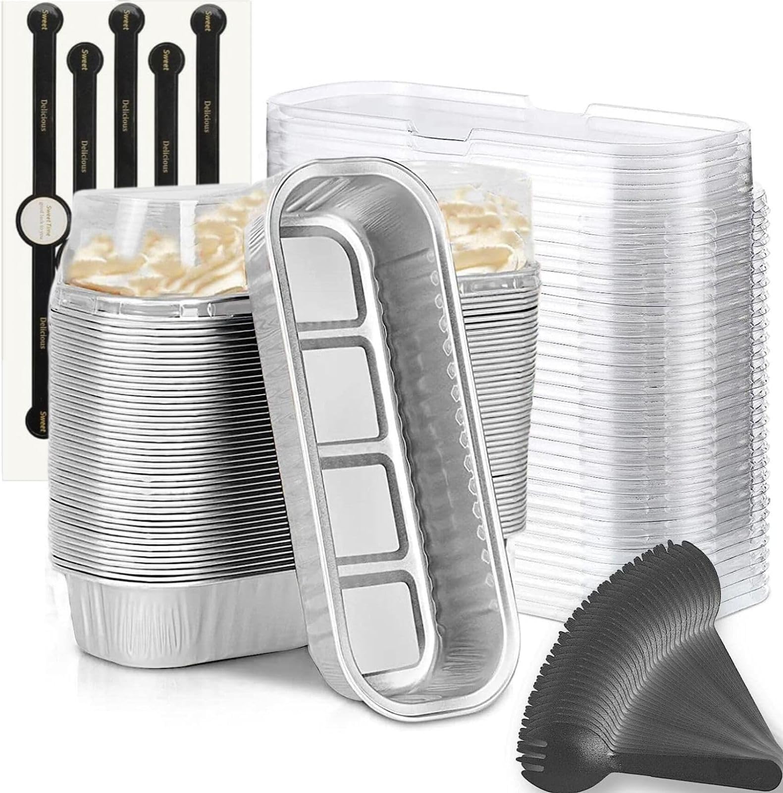 Findful Mini Loaf Baking Pans with Lids and Spoons (50 Pack, 6.8oz) Rectangle Aluminum Foil Baking Pans Tins Containers - Cupcake Containers Wrappers Cheesecake Creme Brulee Ramekins