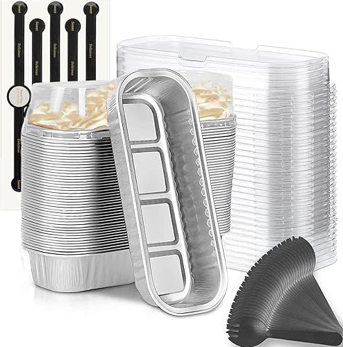 Mini moldes para hornear pan con tapas y cucharas (paquete de 50 unidades, 6.8 onzas), moldes rectangulares de papel de aluminio para hornear, Blanco