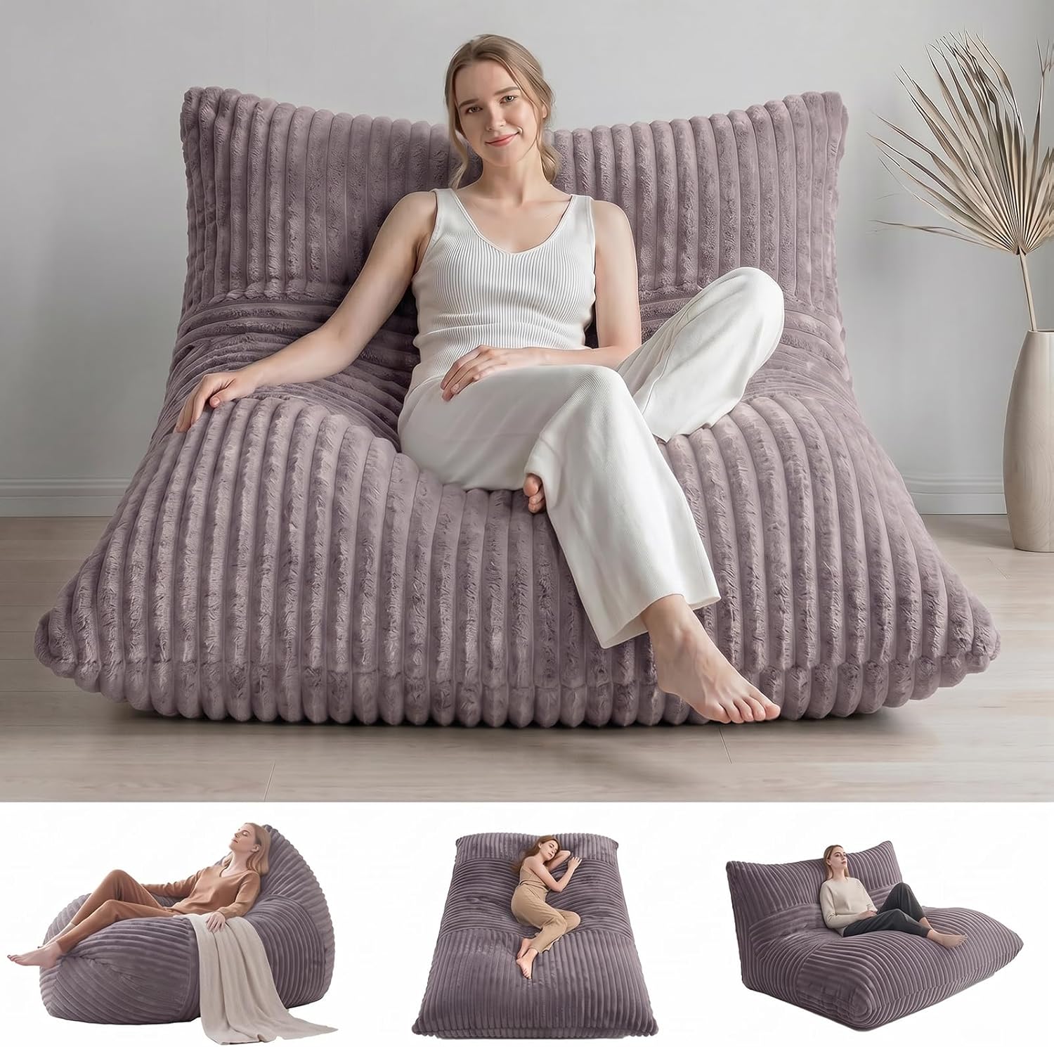 3 in 1 Giant Bean Bag Chair with Pillow, Convertible Memory Foam BeanBag for Adults with Cover, Washable, Removable Floor Lounger Cushion for Gaming Reading Bedroom, Grey