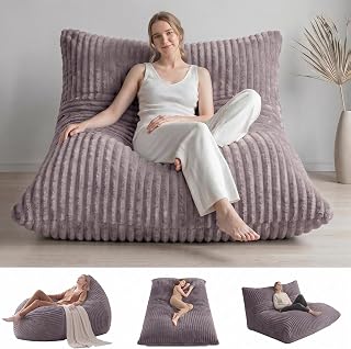 3 in 1 Bean Bag Chair with Memory Foam Filler, Beanbag Chairs for Adult with Washable Cover, Fluffy Oversize Bean Bag Chair Reading Lounger for Bedroom & Living Room (Grey)