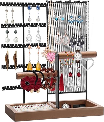 ZOOS Soporte organizador de joyas de 5 niveles organizador de aretes con soporte para anillos y bandeja de madera, soporte de joyería para venta y