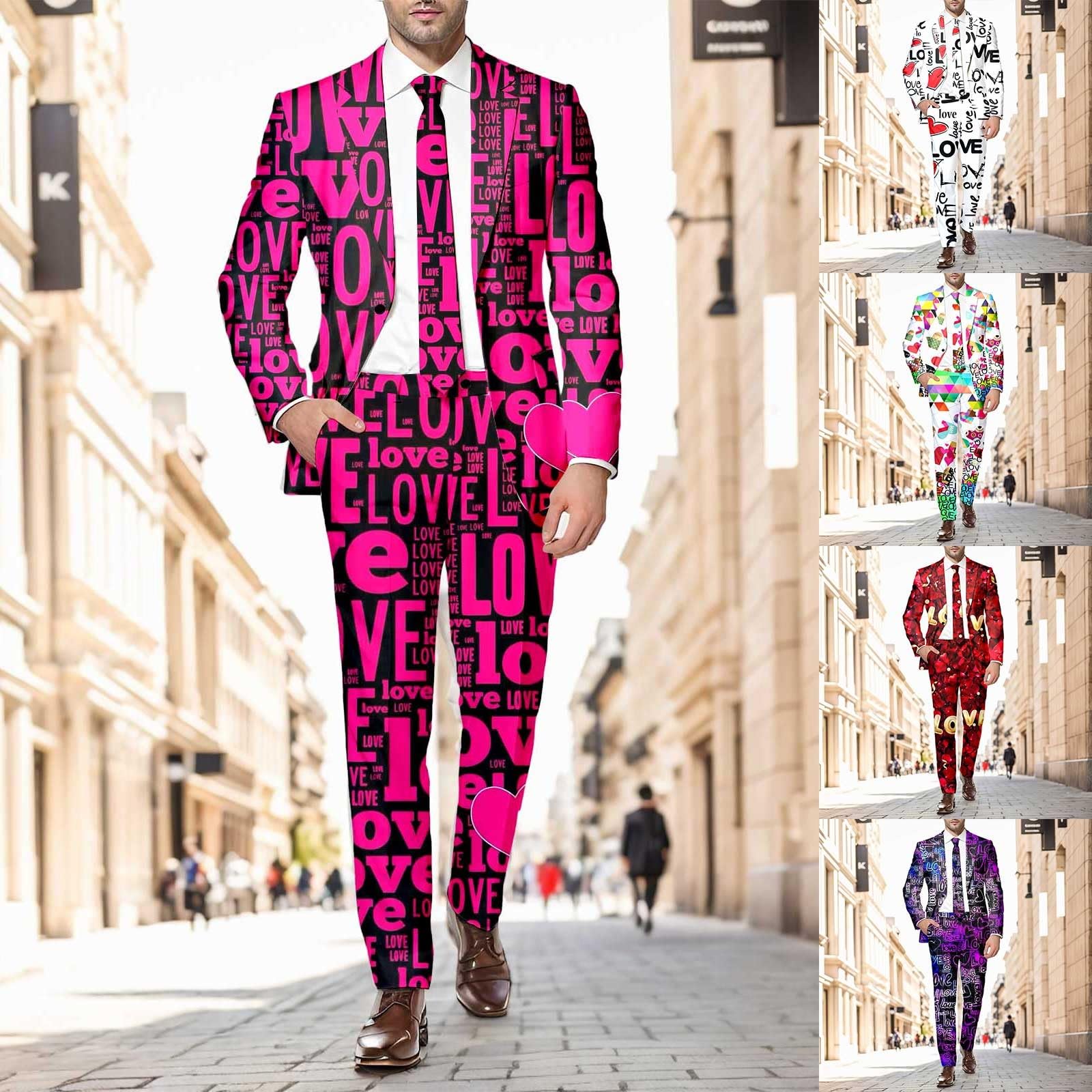 Costume pour homme avec motif cœur, blazer à manches longues + pantalon, 2 pièces, costume formel, coupe ajustée, veste de costume et pantalon de costume, tenue de Saint-Valentin, tenue