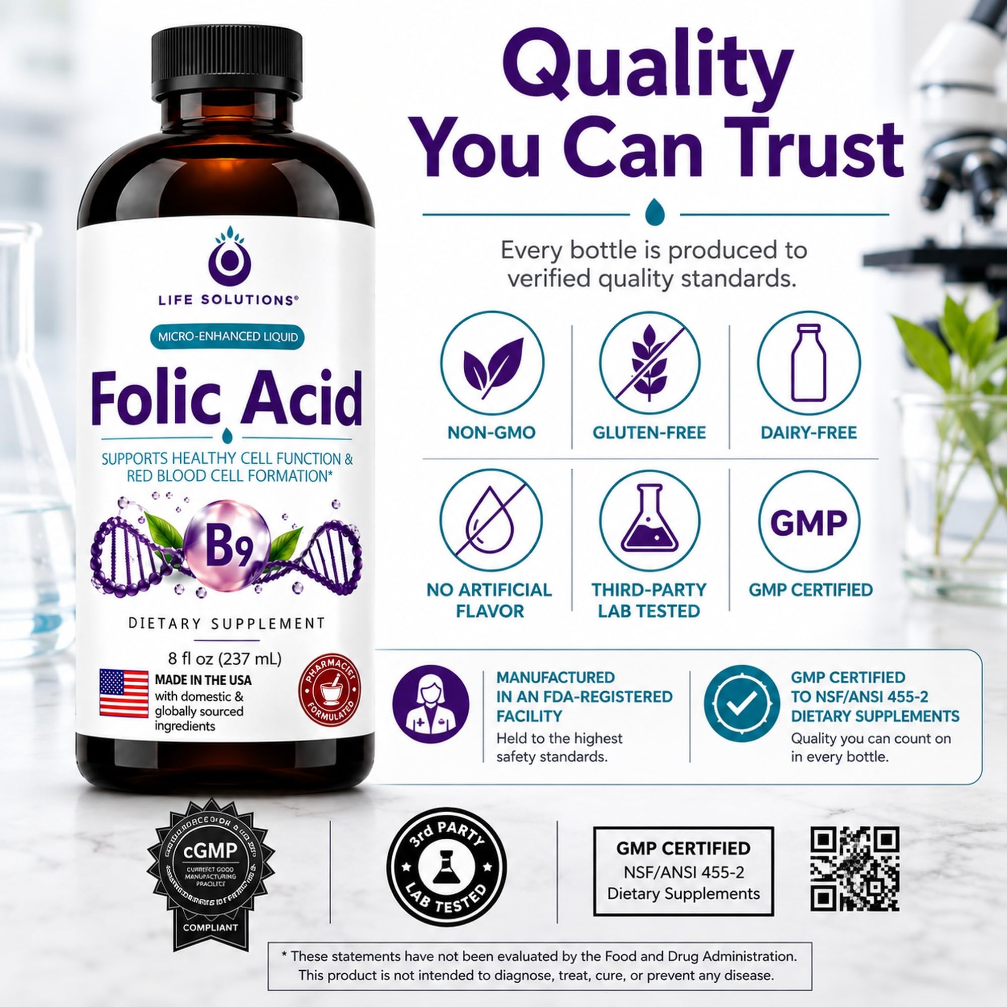 Life Solutions Liquid Vitamin B9 Folic Acid 800mcg Berry - 8oz — Amazon image 4