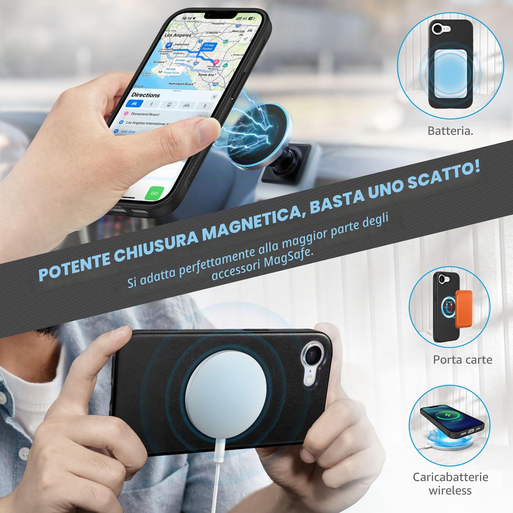 SHIELDON Cover in Vera Pelle per iPhone 16e/17e 6,1" 5G 2026, Nero | Blocco RFID, Portafoglio Magnetico 2 in 1, Ricarica Wireless, Cavalletto, Flip Rimovibile, Porta Carte, Custodia a Libro