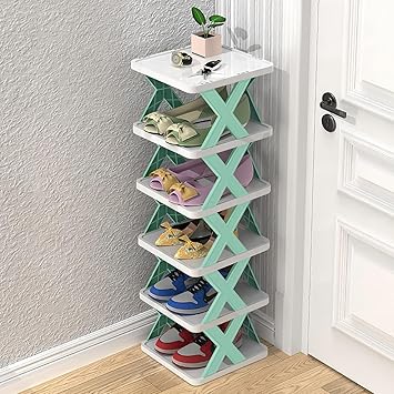 QONETIC 6-Layer Shoe Rack for Home – Stackable & Collapsible Plastic Shoe Organizer Stand | Adjustable Storage Shelf for Footwear, Books & Entryway Use – Multipurpose Space Saver (Corner Design) - image, photos