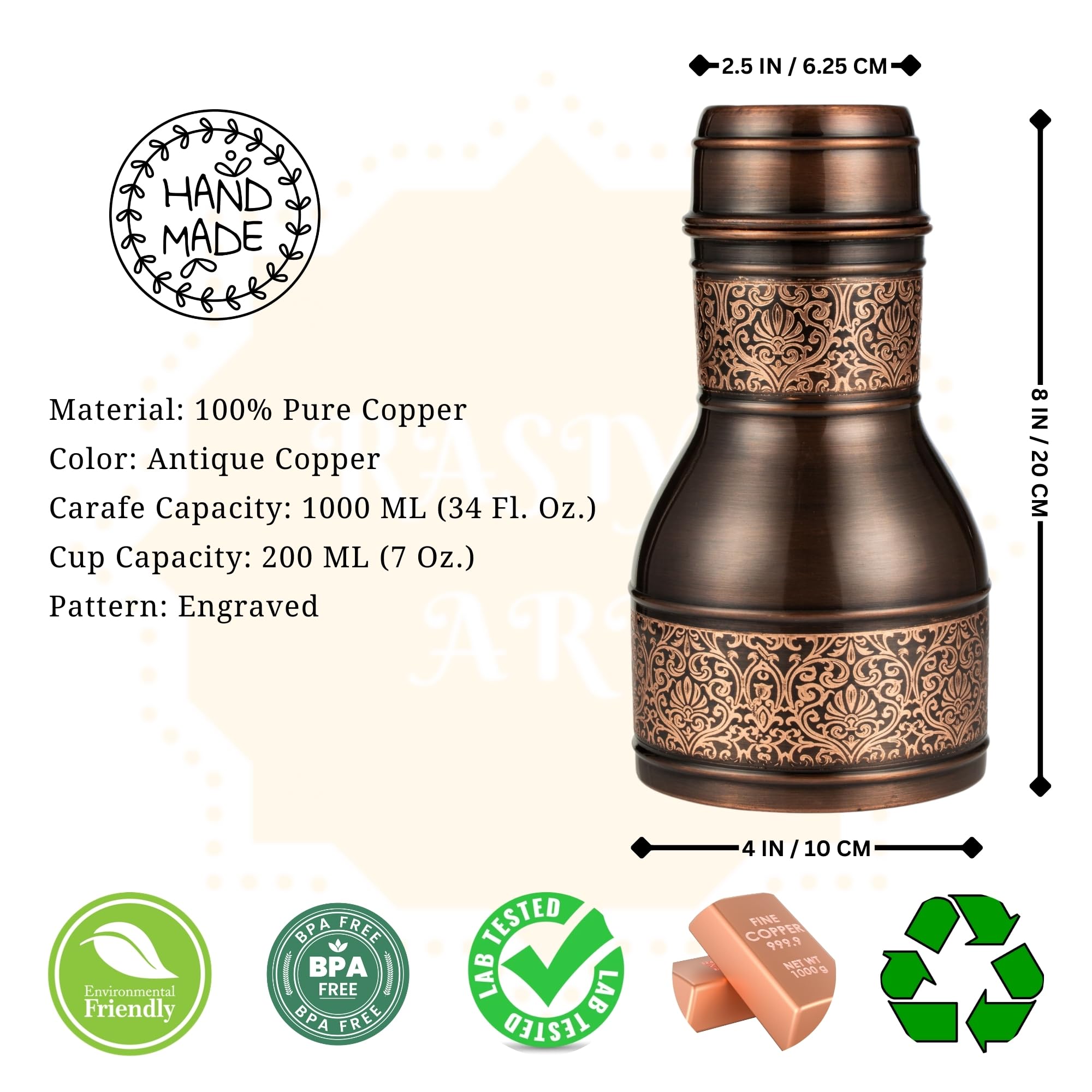 Brocca aereo in rame puro fatto a mano da 2 litri con vetro di rame 300 ml Indian Yoga Ayurveda per buoni benefici per la salute (1 brocca e 2 bicchieri, marrone