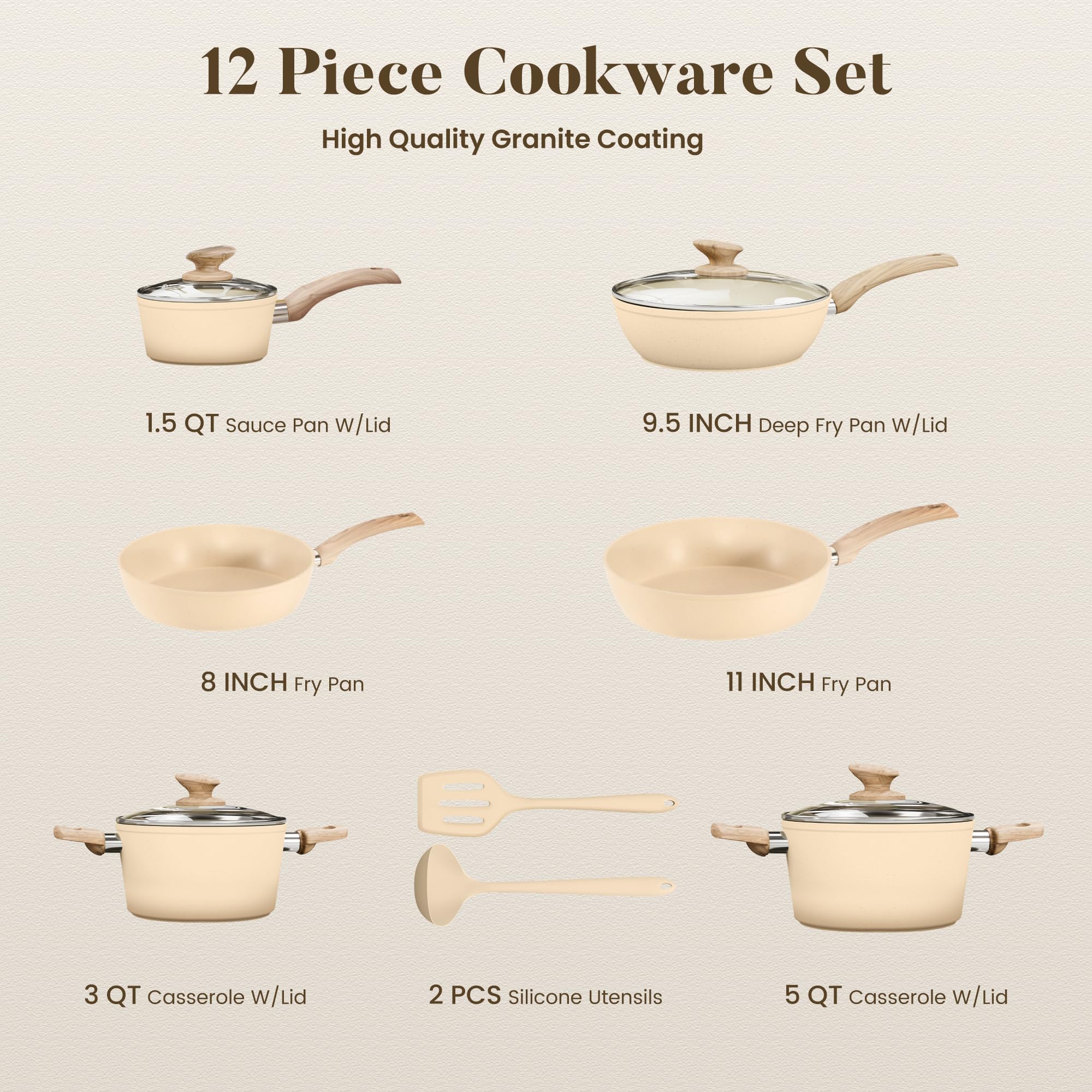 Kitchen Academy 12-Piece Beige Granite Non-Stick Induction Cooking Set, PFOA/PFOS Free, Includes Frying Pans & Pots for All Hob Types view 8