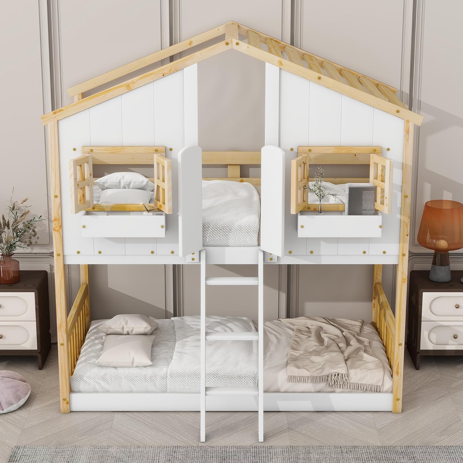 Wooden Twin Over Twin Floor Bunk House Bed with Door and Window Built-in Storage Box, Low Loft Bunk Bed for Kids Girls Boys Adults, No Box Spring Needed, Natural/White