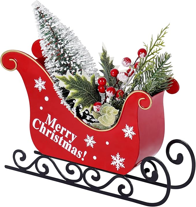 Mini Christmas Metal Sleigh Table Decor with Xmas Tree Holiday Sleigh