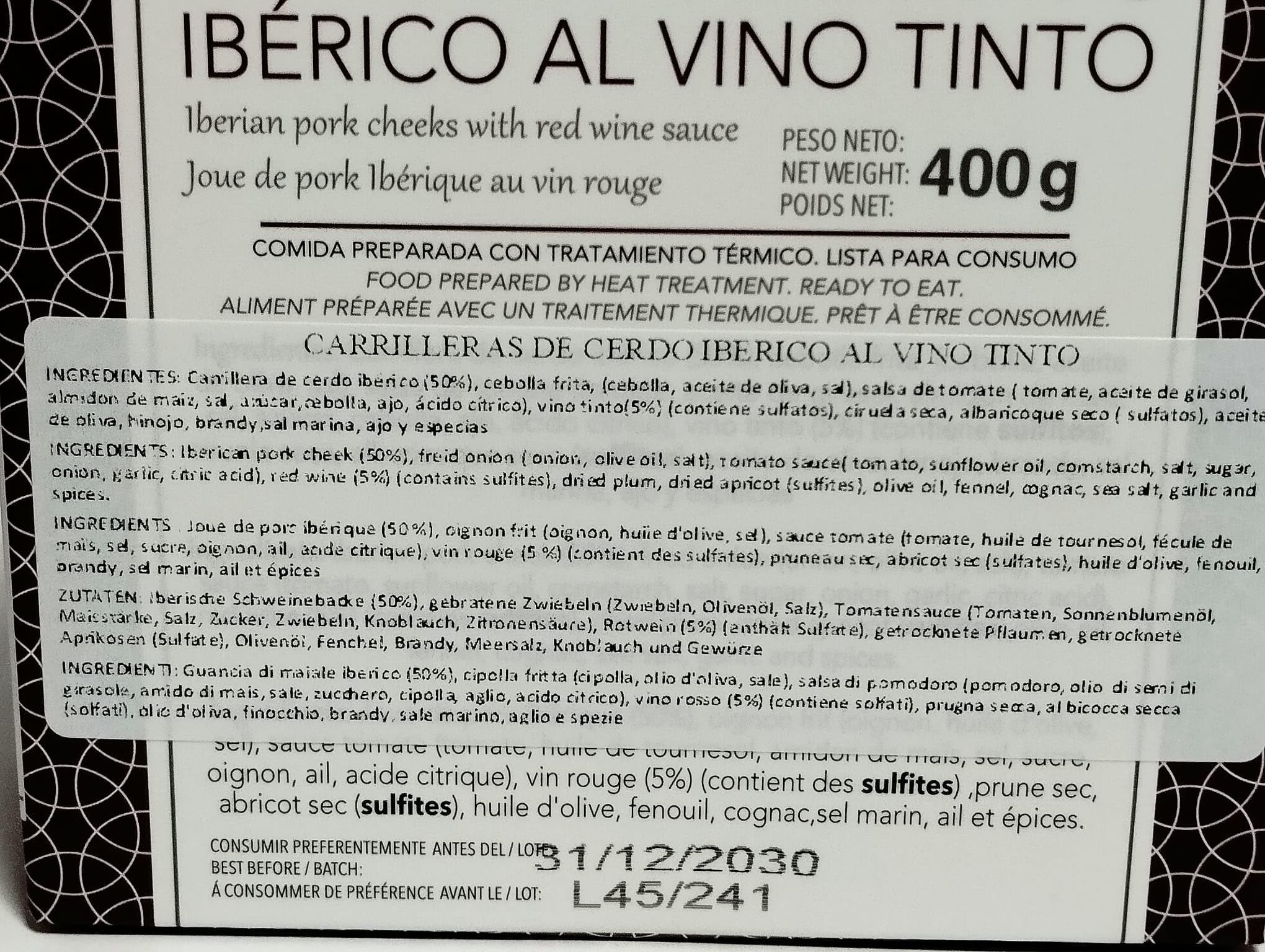 Carrillera de Cerdo Ibérico al Vino Tinto Laurel 400 g