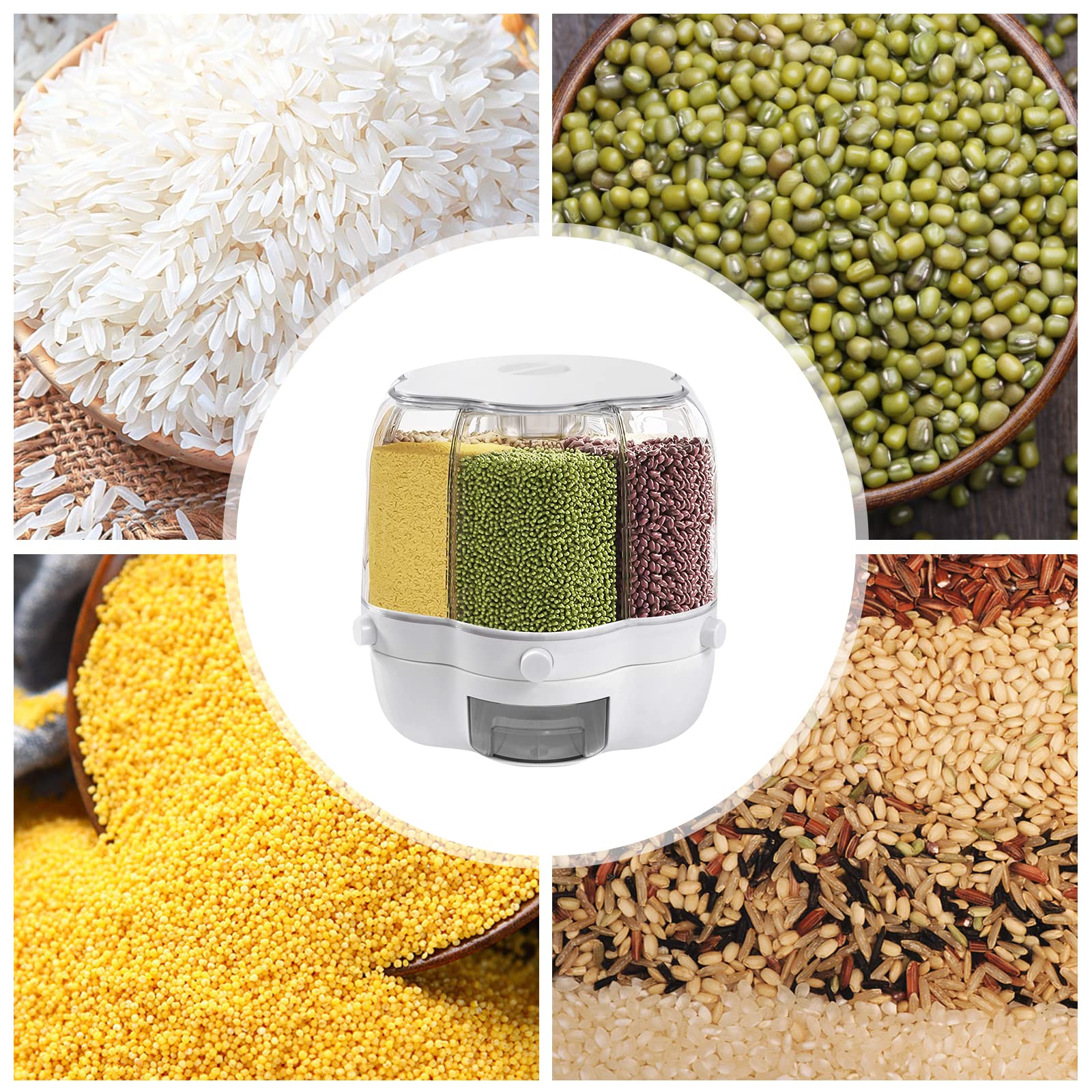 Dispensador de cereales con 6 rejillas, contenedor de arroz, dispensador de alimentos giratorio de 360°, dispensador grande redondo para alimentos secos, dispensador de arroz giratorio con