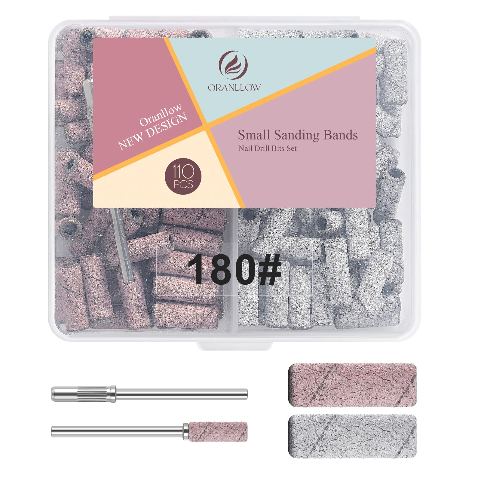 Oranllow 110pcs Small Sanding Bands Nail Drill Bits with 3.1mm Mandrel Nail Bit, 180 Fine Grit Nail File for Acrylic Nails Gel Manicures and Pedicures