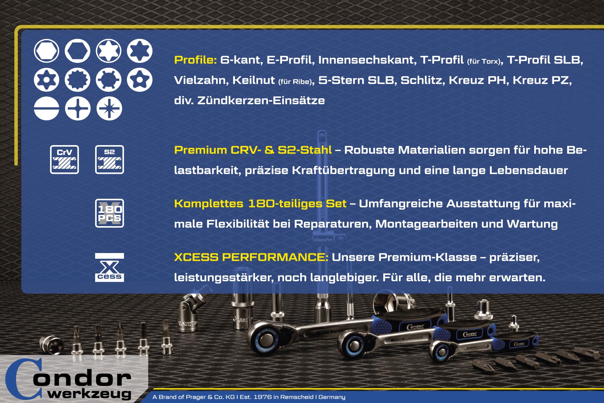 Condor Werkzeug 38180 | Steckschlüssel-Satz Sechskant | 180-teilig | Antrieb 1/4" + 3/8" + 1/2" | mit Koffer | xcess performance
