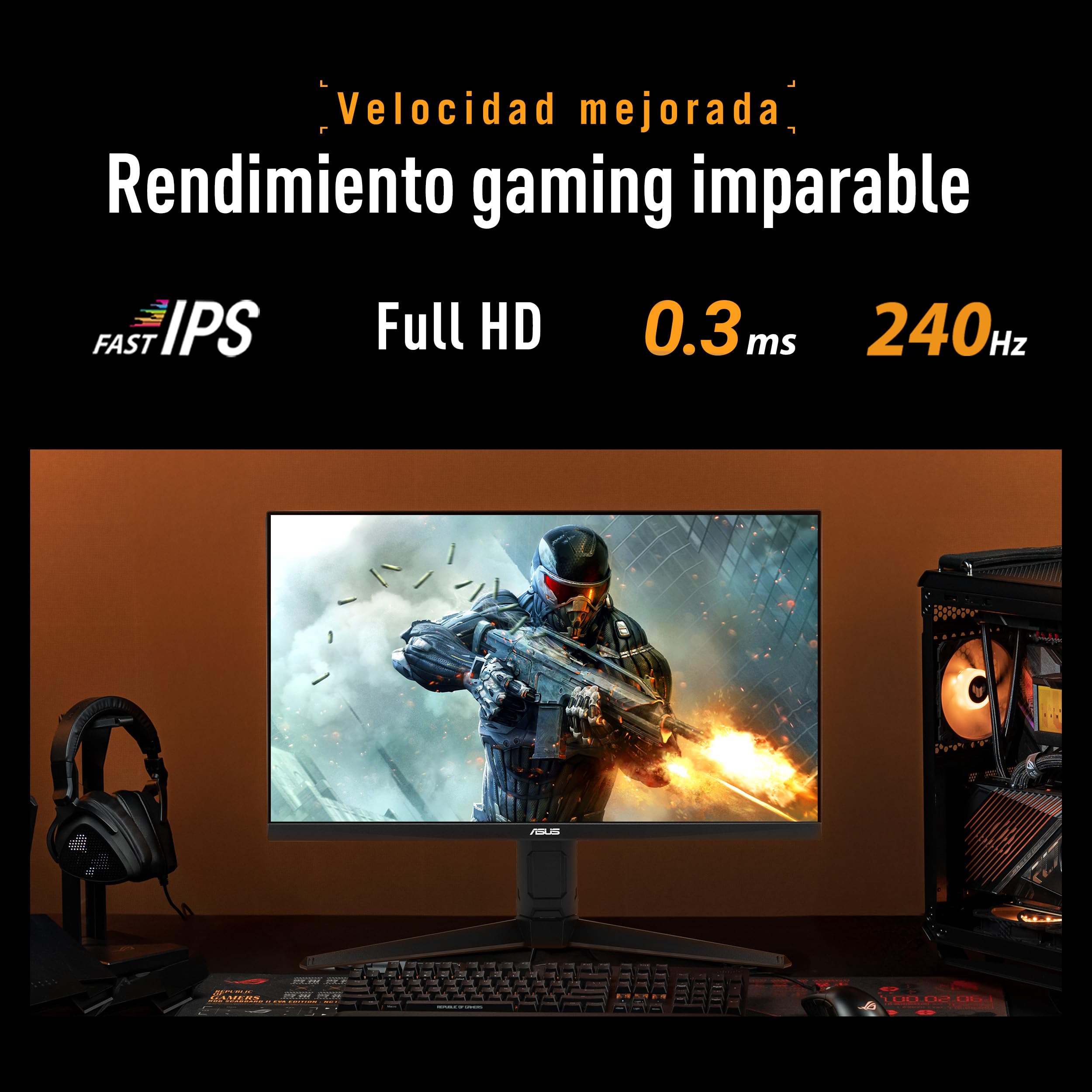 ASUS TUF Gaming VG279QML5A - Monitor de 27", Panel Full HD Fast IPS, 240Hz, 0,3 ms, G-Sync, AMD FreeSync Premium, ELMB Sync, 99% sRGB, Ajuste de Altura, DisplayWidget Center, AI Gaming