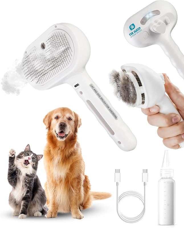Fur Sweep Steam Brush for Dogs, Cat Brush for Shedding, Grooming Comb | Self Cleaning Deshedding Tool, Anti Static Mist, Rechargeable, Slicker Comb for Long & Short Haired Pets, Gentle Remover