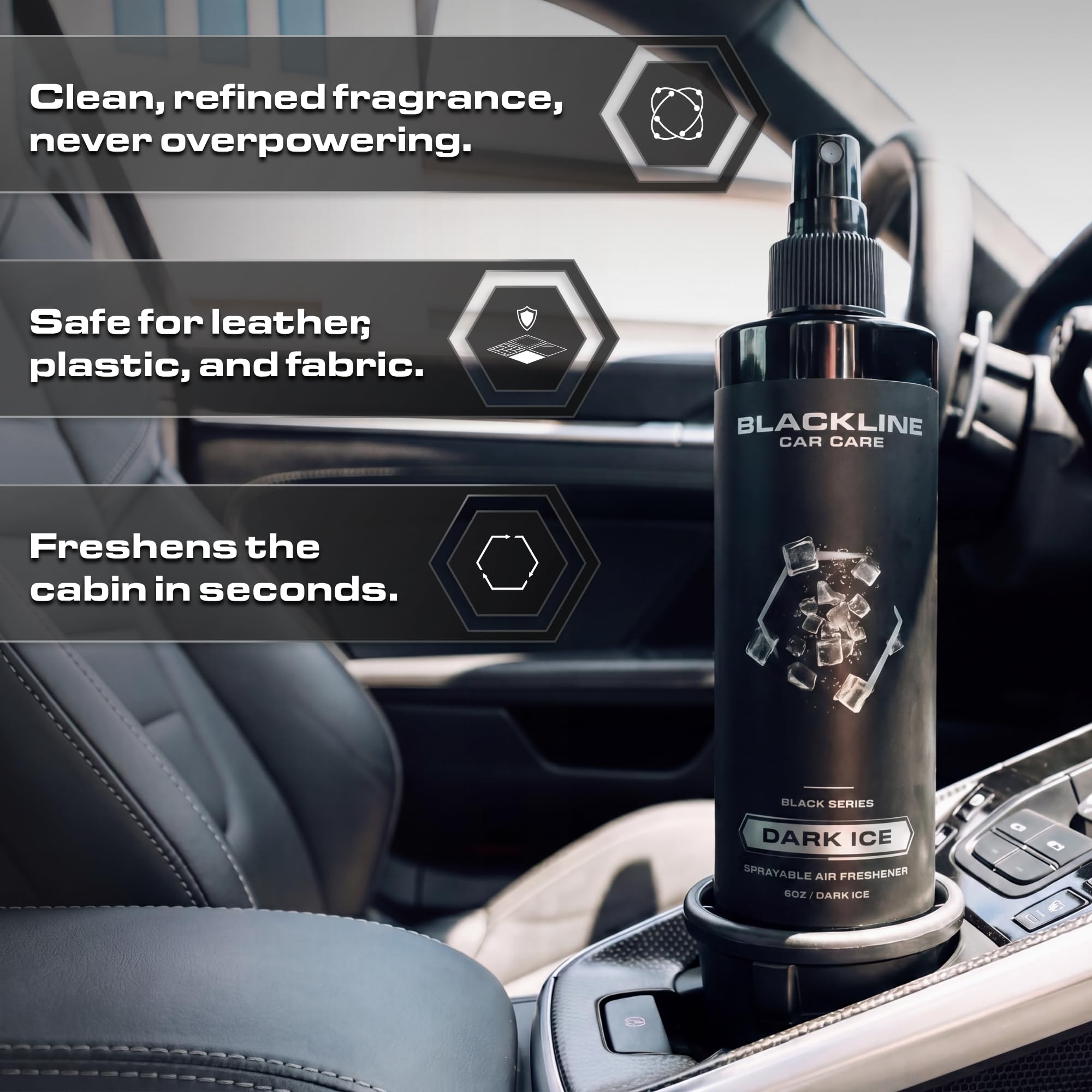 Blackline Car Care - Ambientador de coche Dark Ice, de larga duración, eliminador de olores, para automóviles, camiones, SUV o uso doméstico, 8 onzas líquidas, ambientador de hielo negro, spray de