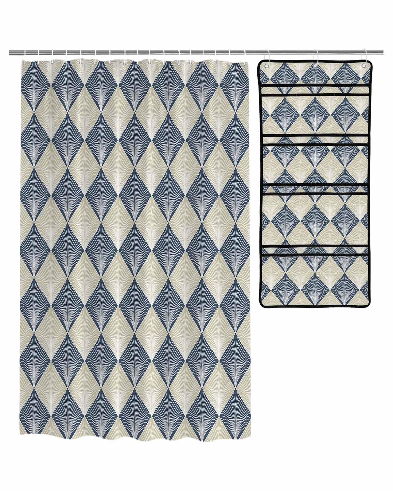 Shower Curtain Mesh Shower Organizer Hanging Set Modern Abstract Geometric Blue Gold Vintage Feather Texture Waterproof Shower Curtains