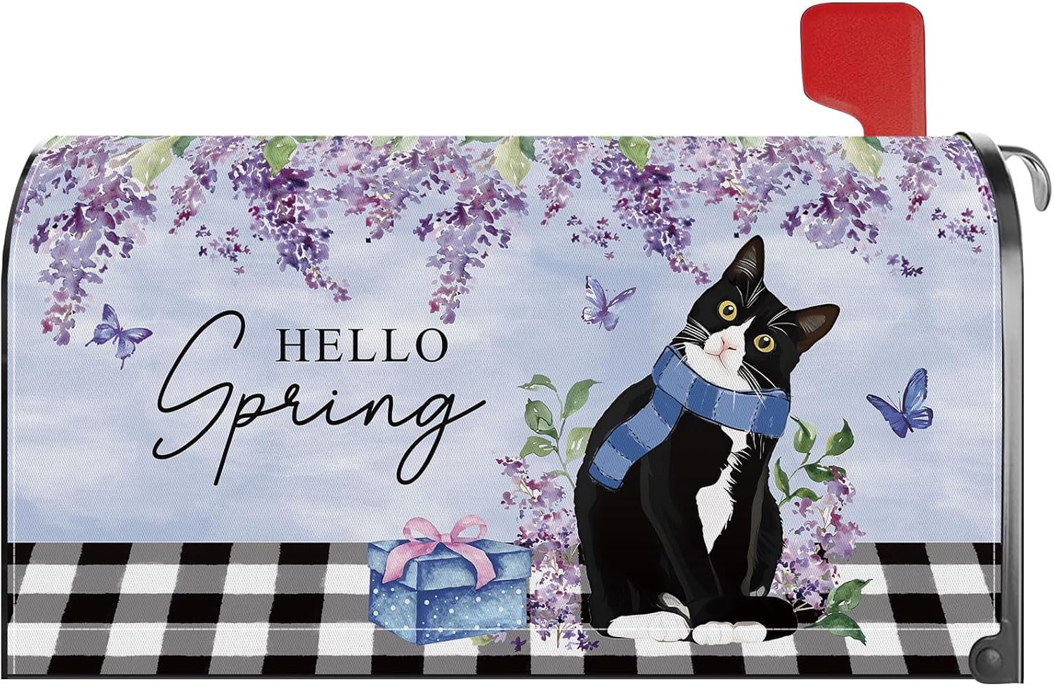 Spring Cat Lavender Floral Mailbox Cover Magnetic Standard Size 21x18 Inch Holiday Decorative Post Letter Box Wrap Decor Garden Yard Decoration