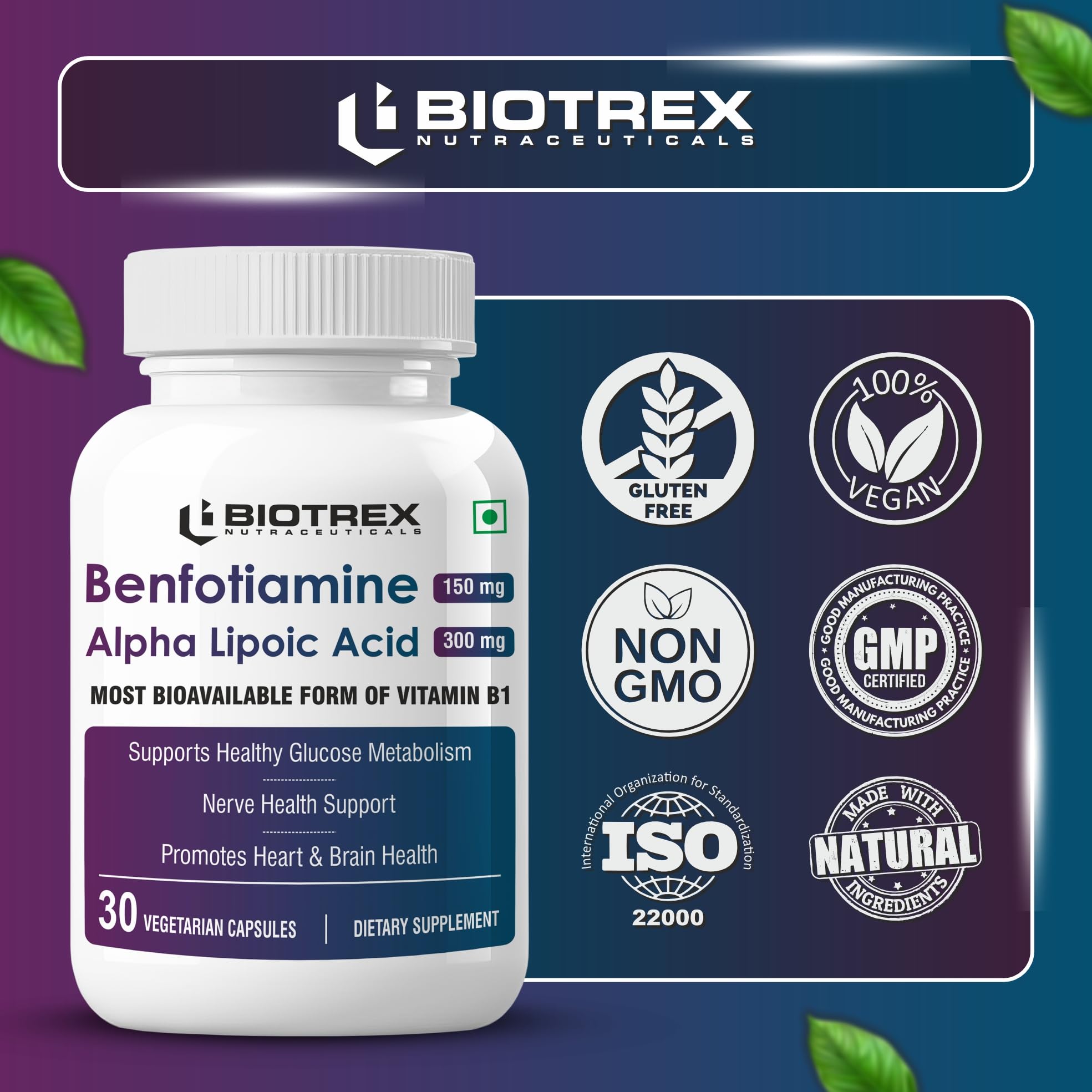 Biotrex Nutraceuticals Benfotiamine 150mg, Alpha Lipoic Acid 300mg With Leucine | Glucose Balance & Metabolic Response | Brain, Heart & Nerve Health | Most Bioavailable Vitamin B1-30 Veg Capsules — Amazon image 5