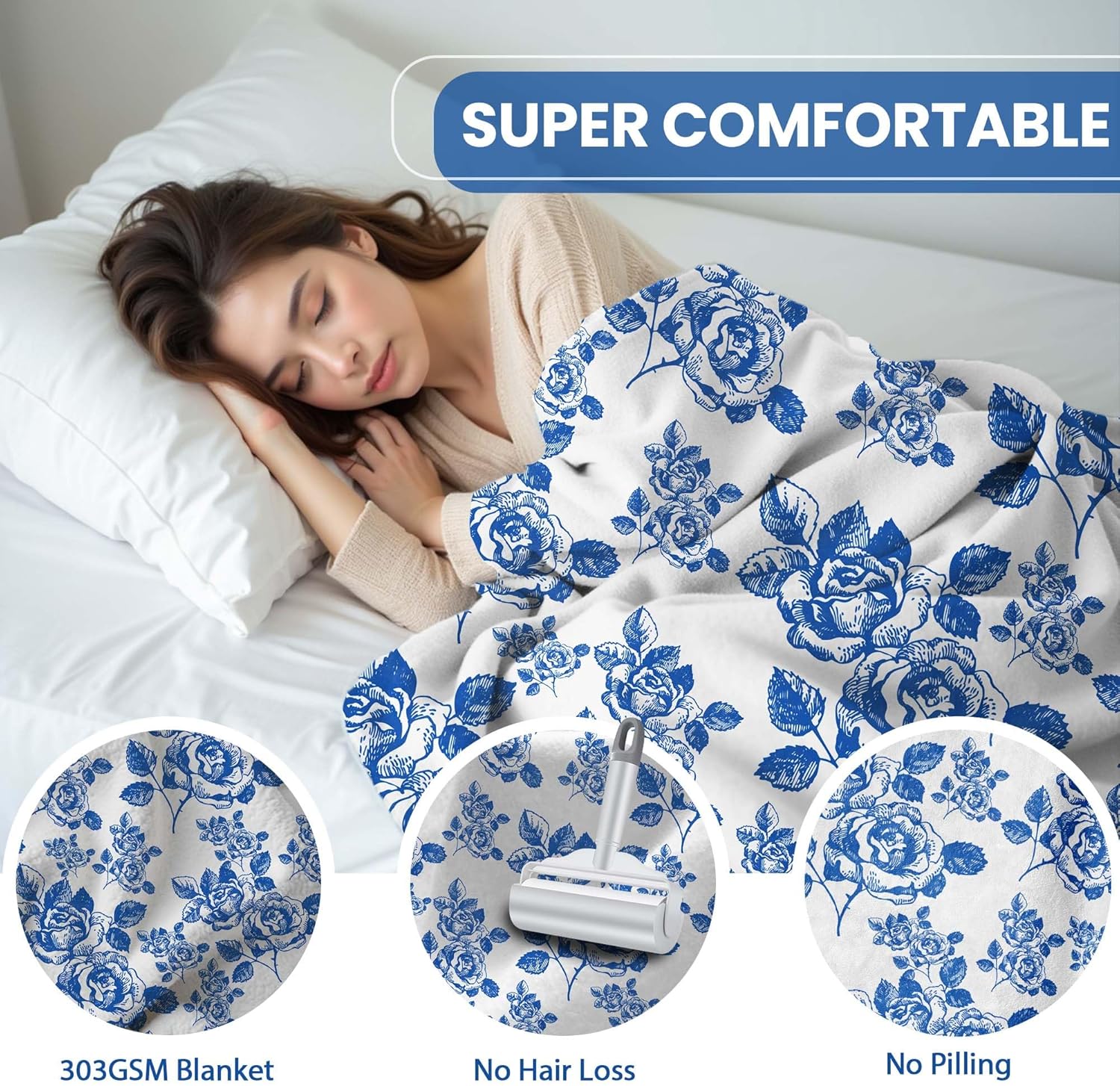 Blue Floral Twin Throw Blanket Blue and White French Country Chinoiserie Flannel Blankets for Couch Bed Living Room Sofa, Decorative Patterned Super Soft Cozy, 60x80 in