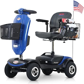 Metro Mobility USA Patriot Compact Travel Electric Power Mobility Scooter for Adults - 265 lbs Max Weight,4 Wheel, 18 in Width Thick Leather Seats, Large Capacity Lead-Acid Battery - Blue