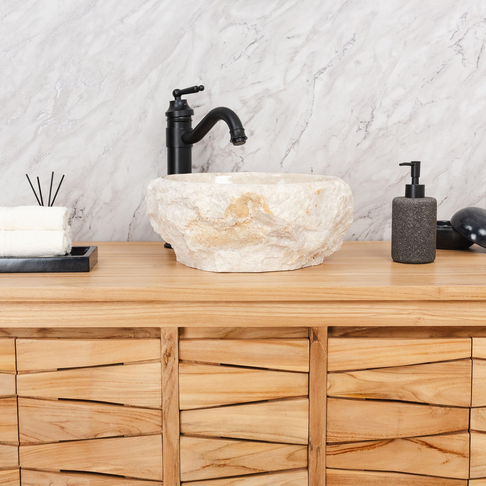Lavabo de mármol Erosi piedra natural lavabo con borde natural, 30 cm, color crema