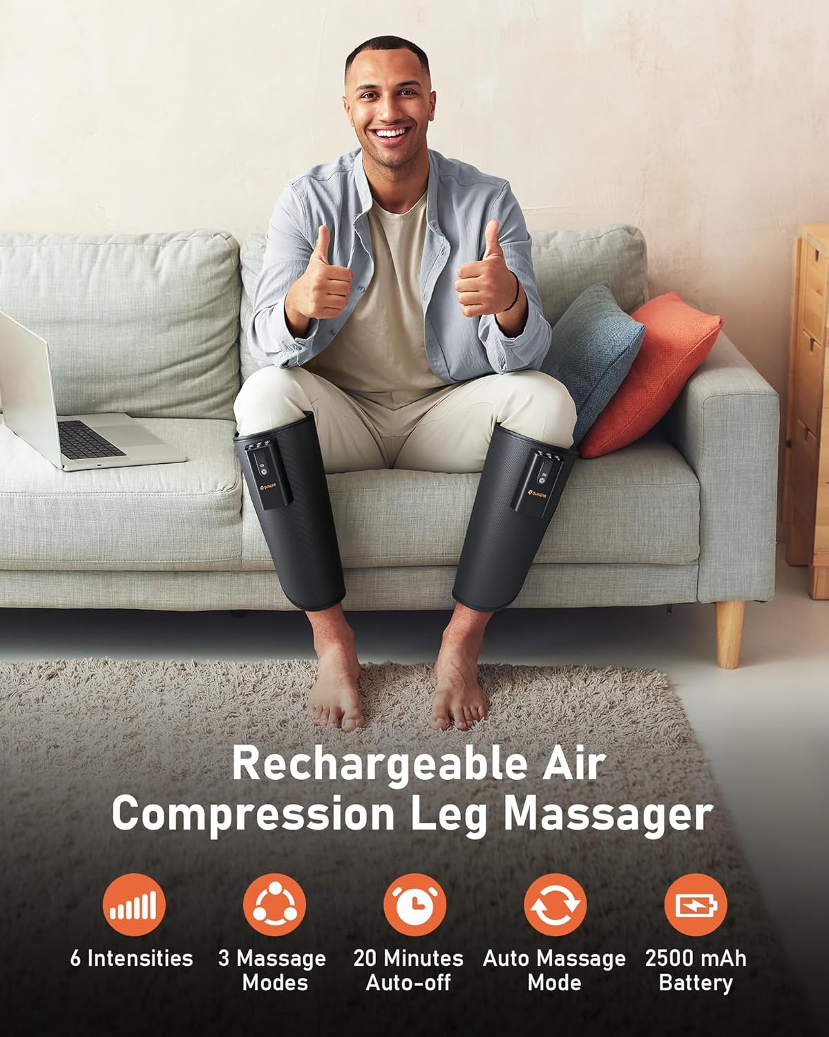 QUINEAR Rechargeable Calf Massager with Air Compression, Leg Massager for Circulation and Pain Relief, Portable Leg Massager with 6 Intensities & 3 Modes, Fast Recovery for Swelling, Relax for Gym - Image 2