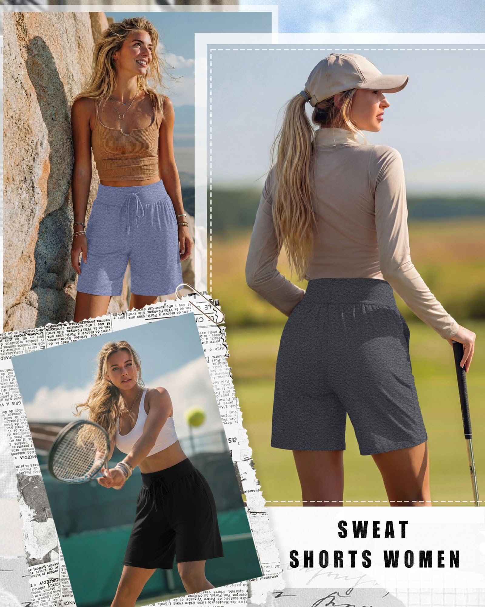 Neer 3er-Pack Bermuda-Shorts für Damen, Weites Bein, Hoher Bund, Kordelzug, Sportshorts mit Tasche