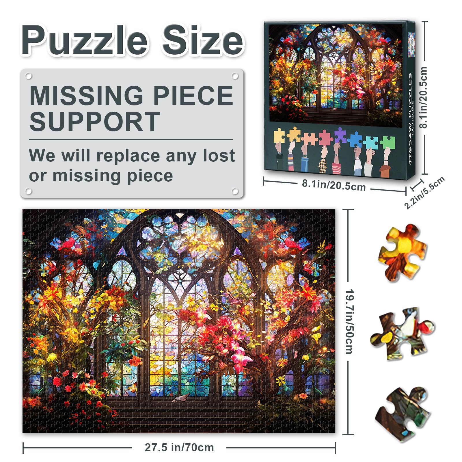 Jigsaw Puzzles for Adults 1000 Pieces, Stained Glass Window in an Old Church with Flowers and Birds 1000 Piece Jigsaw Puzzle - Image 3