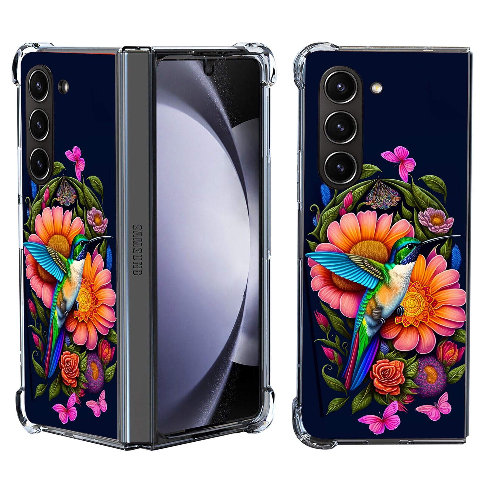 Beaucov Galaxy Z Fold 5 Case,Hummingbird Butterfly Flowers Drop Protection Shockproof Case TPU Full Body Protective Scratch-Resistant Cover for