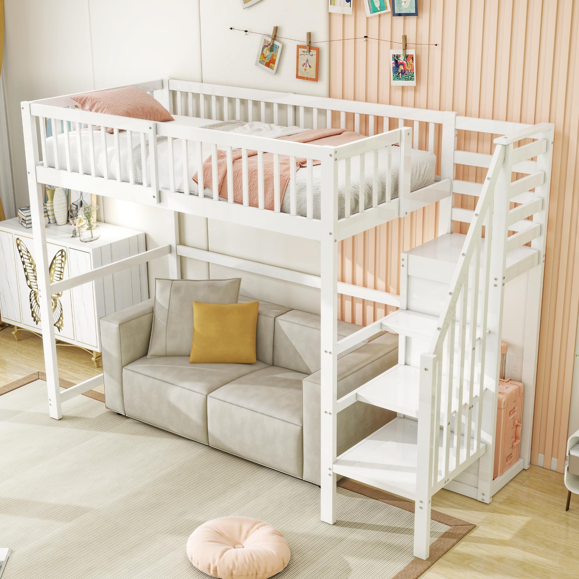 Azkoeesy Letto a soppalco singolo per bambini e adulti, con scala e armadio, protezione anticaduta e rete a doghe, spazio di archiviazione sotto il letto, bianco, 90 x 200 cm