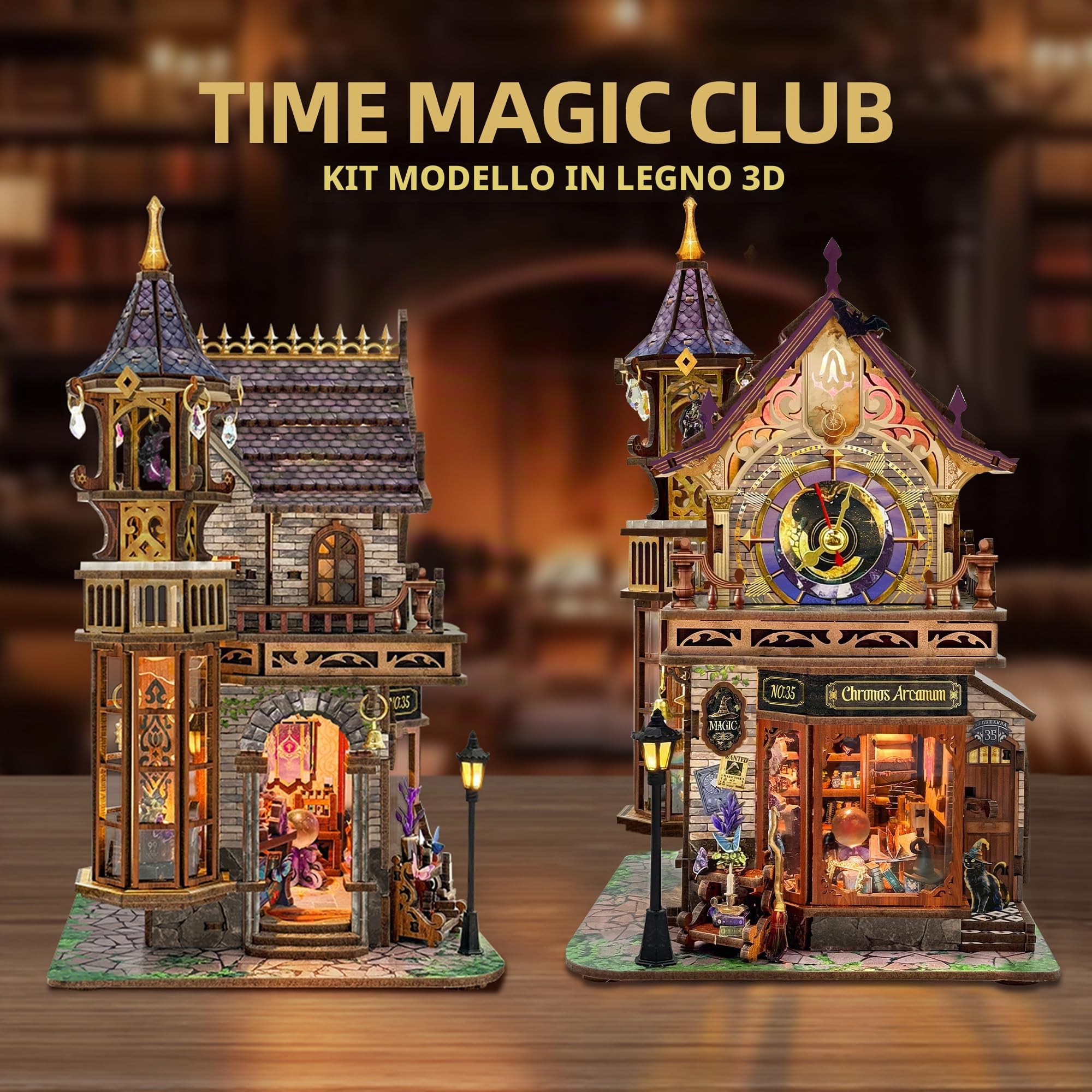 Time Magic Club (SQ-71) - Puzzle 3D in legno a forma di torre magica, kit fai da te per casa in miniatura con LED e musica, decorazione per libreria, regali artigianali per familiari e amici