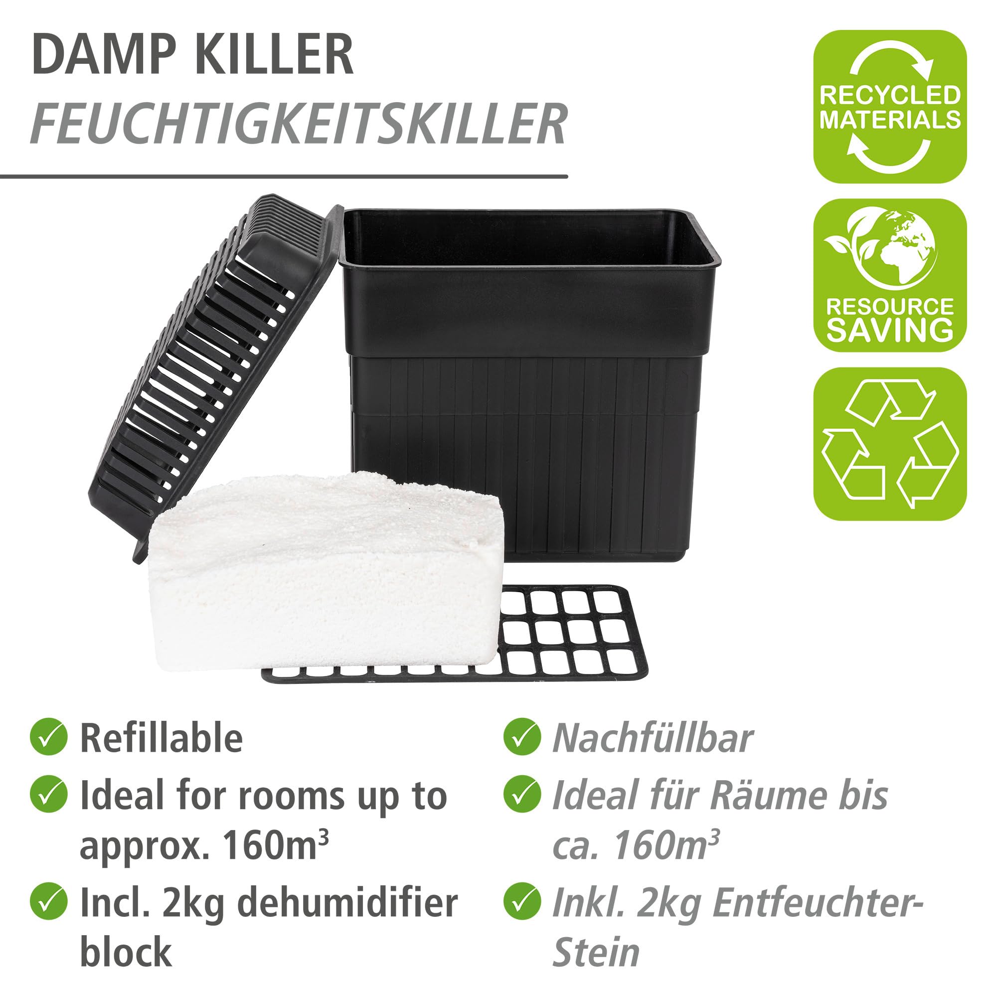 WENKO Feuchtigkeitskiller, Luftentfeuchter mit 2 kg Granulat-Block, ideal für Bad, Garage, Keller, nachfüllbar, 24 x 16 x 15 cm, Schwarz (Packung mit 2)