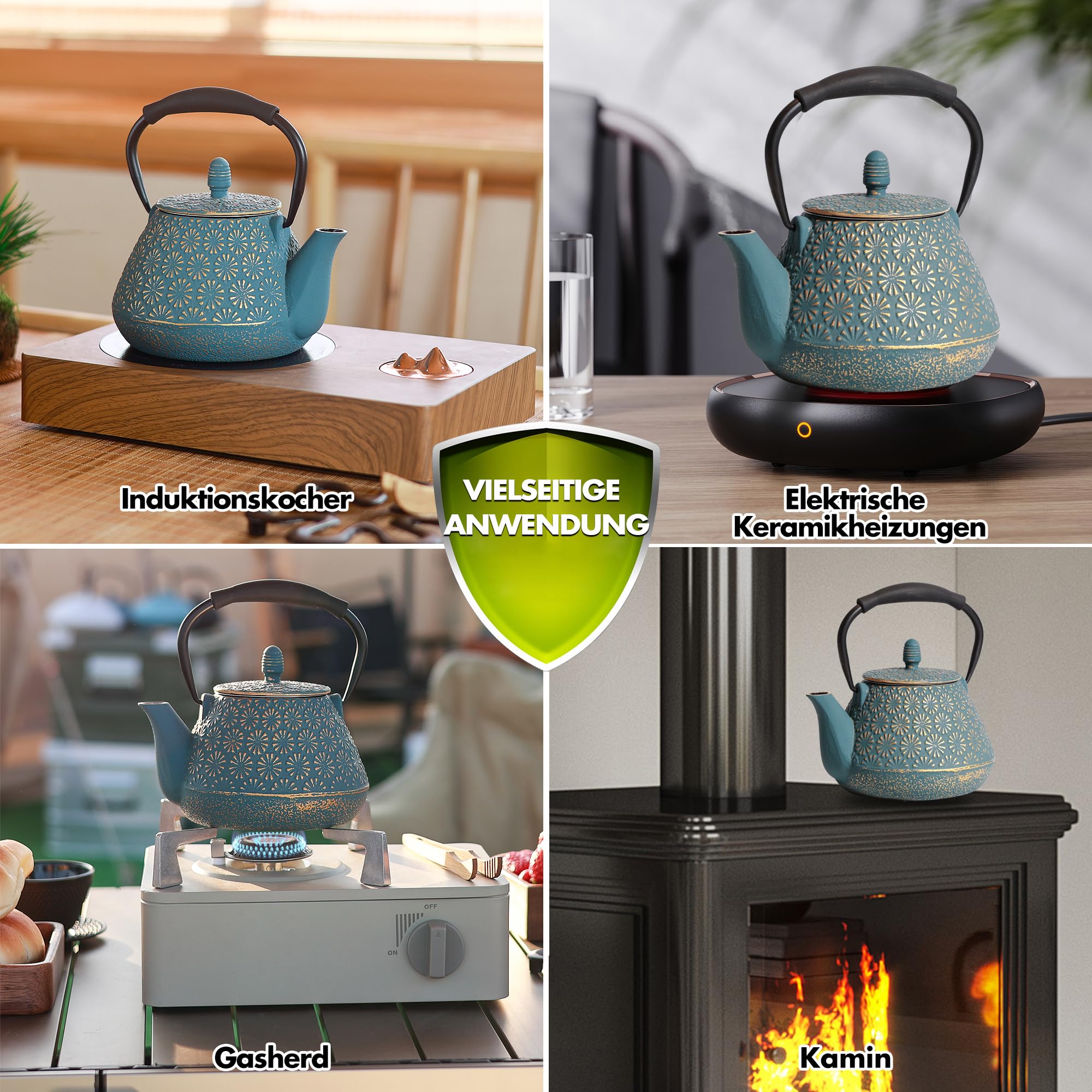 Gusseisen-Teekanne, 950ml japanisches Kirschblütenmuster Teekessel, herdtauglich, Infuser für losen Tee & Kaffee, Silikon-Griff, emailliertes Innenleben, 32oz Blau