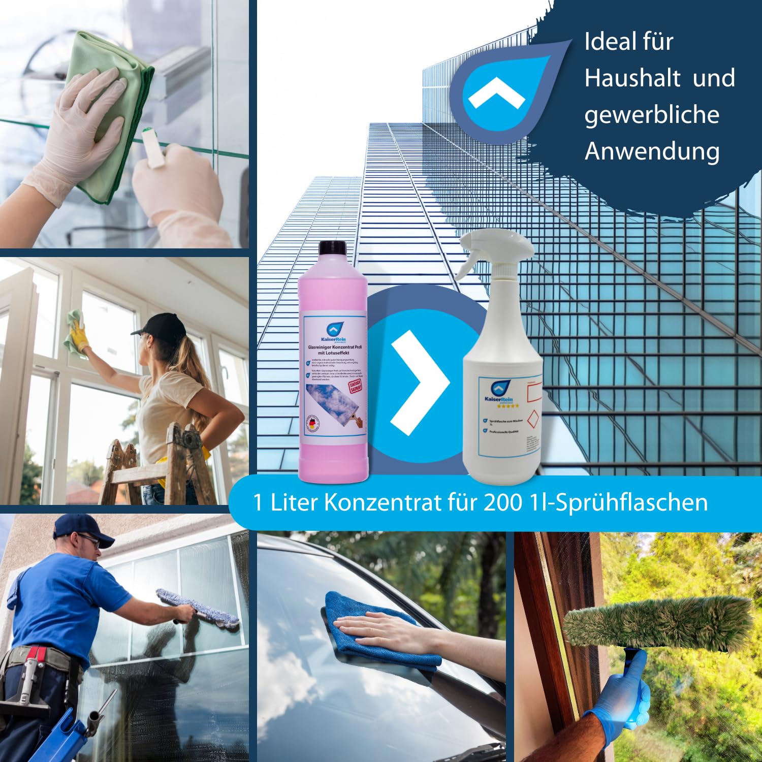 KaiserRein Glasreiniger Konzentrat mit Lotuseffekt 10L - Professioneller Fensterreiniger für streifenfreien Glanz auf Glas, Fenstern und Spiegeln - Fenstersauger geeignet