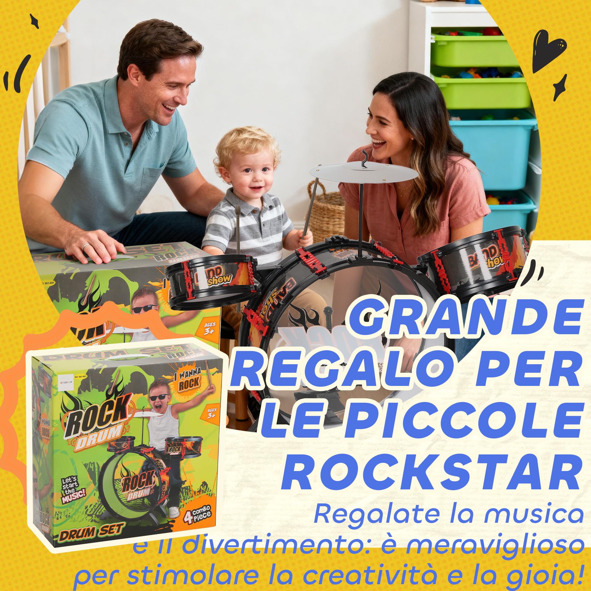 AIYAPLAY Set Batteria Giocattolo per Bambini con Sgabello da 3-6 Anni Nero | Gioco Musicale per Bambini, Tamburi, Grancassa, Piatti e Bacchette