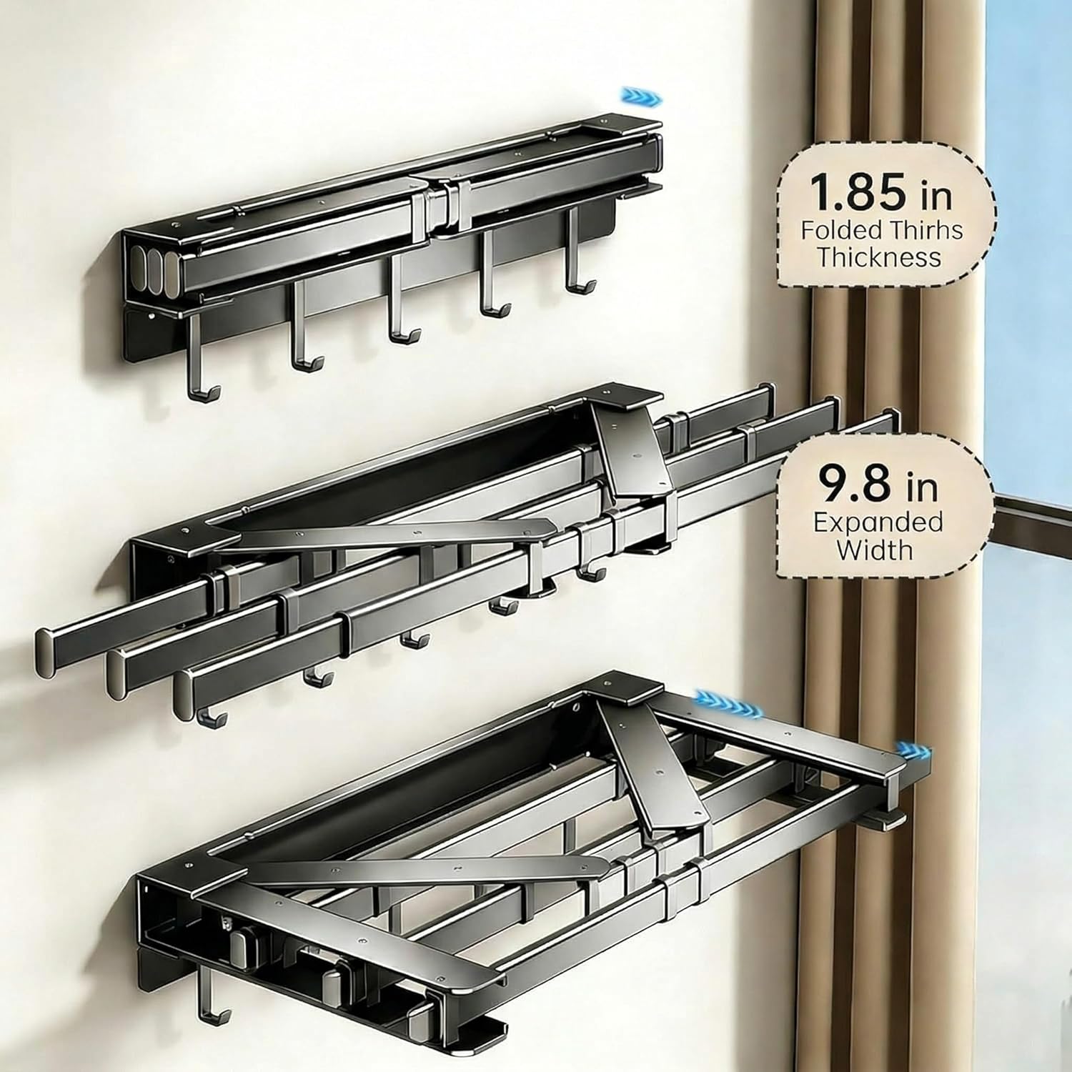 Wall Mounted Retractable Clothes Drying Rack,41 in Aluminum Portable Clothes Drying Rack Foldable with 5 Hooks for Bathroom,Laundry,Poolside Space Saving