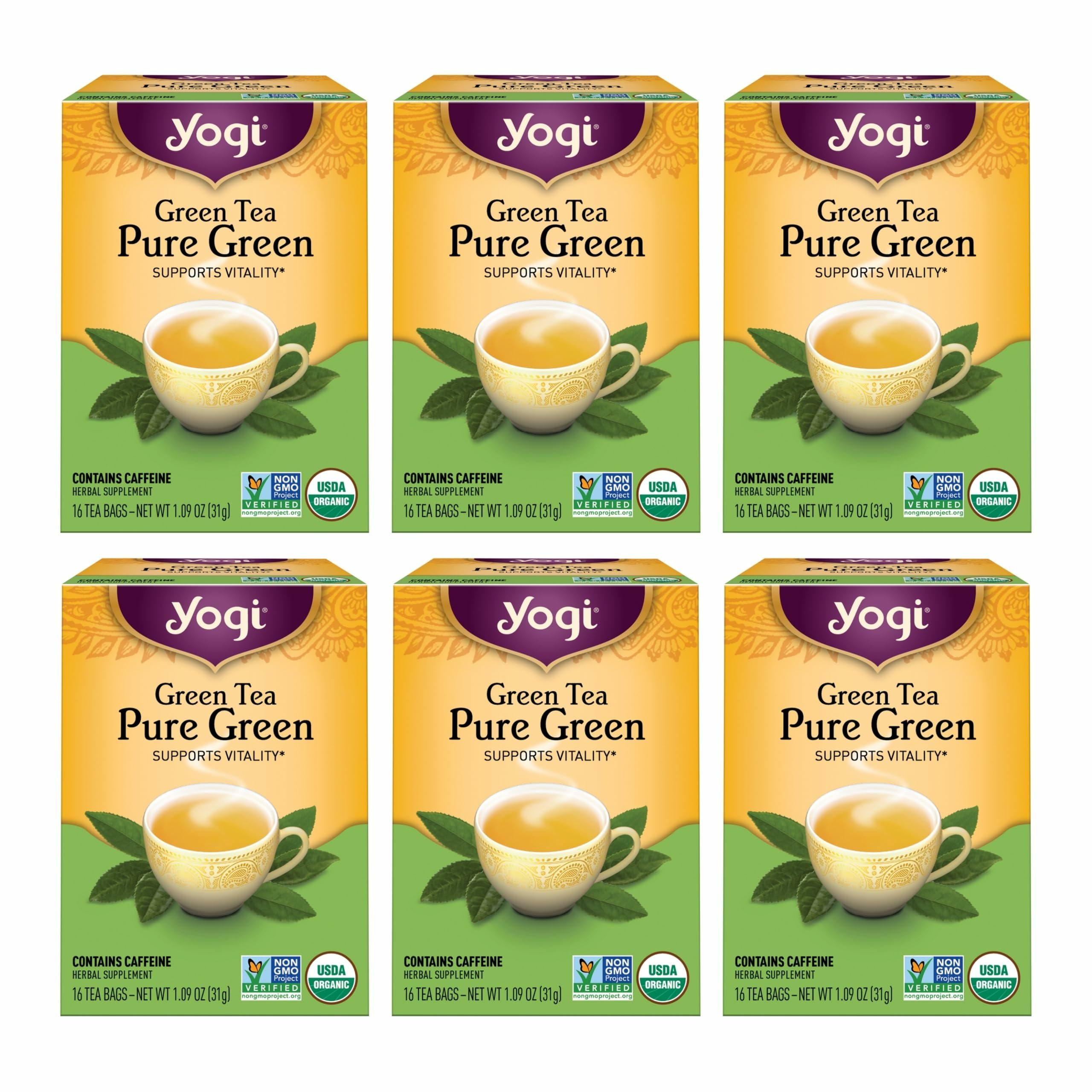 Yogi Tea Pure Green Tea - 16 Bags per Pack (6 Packs) - Organic - Supports Overall Health & Provides Antioxidants | per Pack, Organic