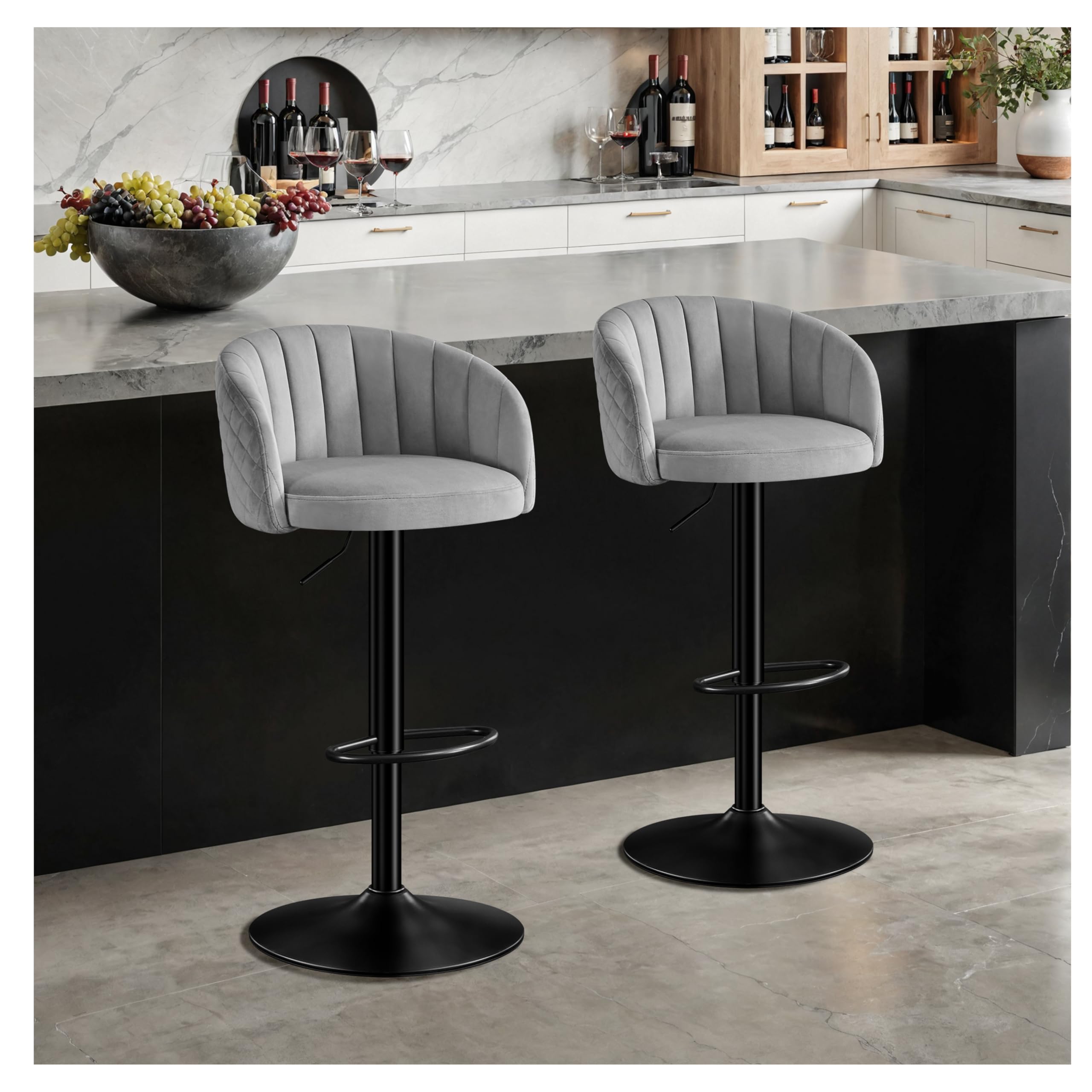 STOOLINK Taburete de Bar Juego de 2, Silla de Bar con Tela Terciopelo de Leche con Respaldo y Reposabrazos, Taburetes Cocina Altura Ajustable, Taburete Alto Rotación de 360°, Silla de Bar 150kg-Gris