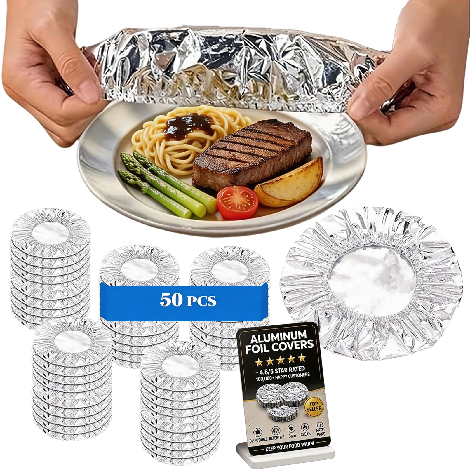 Reusable Aluminum Foil Food Covers, Elastic Insulated Foil Food Covers, Aluminum Covers with Elastic for Food, Heat Retaining for Kitchen, Parties & Picnics (50Pcs)