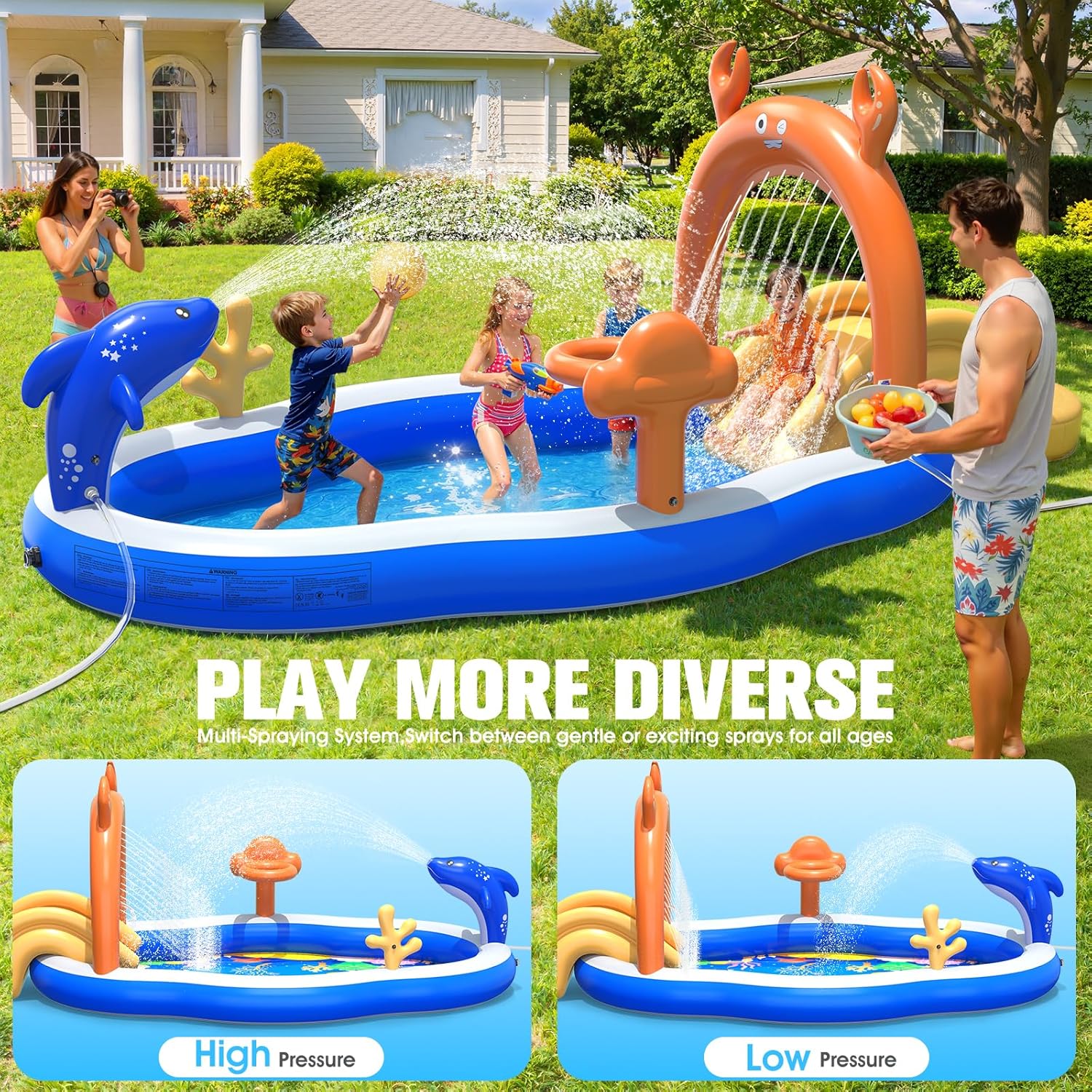 StarOcean 2026 Large Inflatable Play Center,Kiddie Pool with Water Slide&Sprinkler,120''x70"x50''Inflatable Toddler Pool with Slide,BlowUp Water Play for Toldder,Inflatable Water Park for Kid Backyard